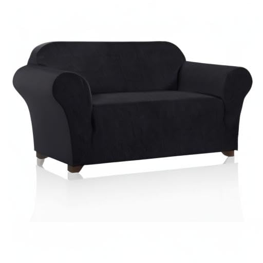 PrinceDeco Stretch Loveseat Sofa Cover - Washable 2-Cushion Slipcover with Non-Slip Bottom, Pet-Friendly Furniture Protector for Small Couches (Black) - Perfect for Living Rooms, Apartments & Pet Owners