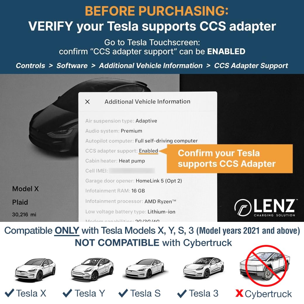 LENZ CCS1 to Tesla Adapter - Compatible with Tesla Models 2021+ (Excluding Cybertruck) | 250kW Fast Charging at DC Level 3 Stations | Perfect for Road Trips & Public Charging Networks