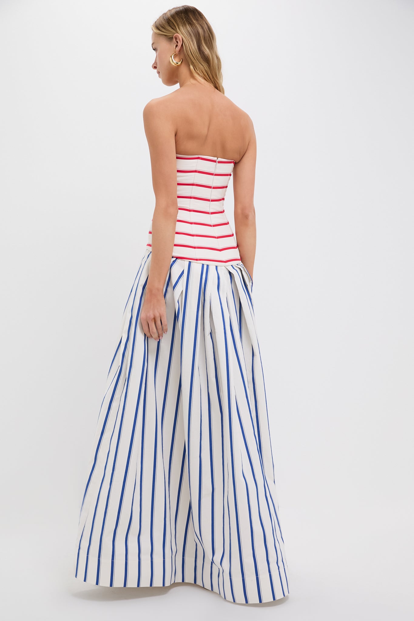 Elegant Blue Stripe Strapless Drop Waist Evening Gown for Prom, Wedding & Formal Events | Flattering A-Line Silhouette