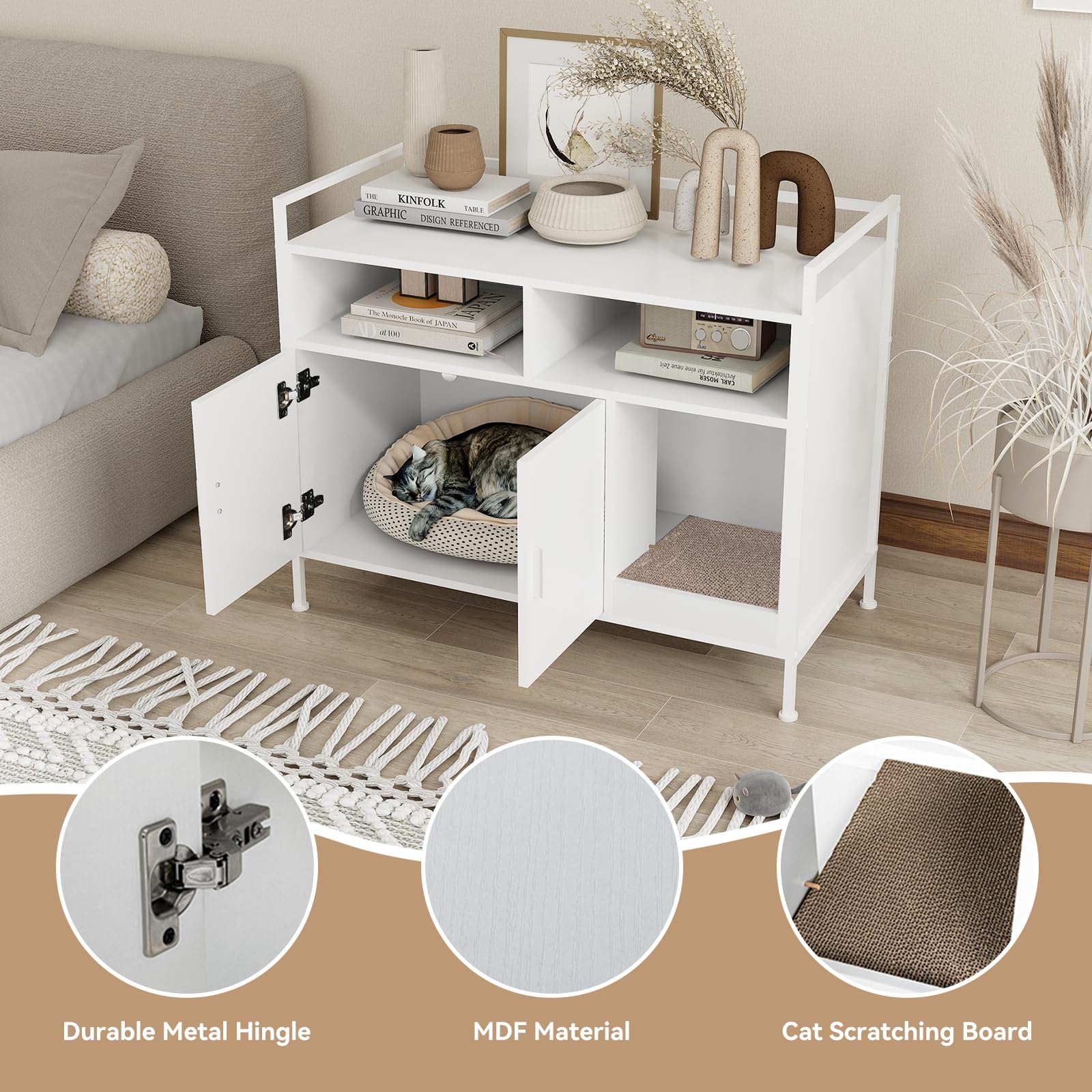 YUSING Cat Litter Box Enclosure Furniture - Hidden Large Cat Washroom Storage Cabinet with Double Doors & Open Shelf - White for Bedroom & Living Room | Perfect for Small Spaces & Multi-Cat Homes