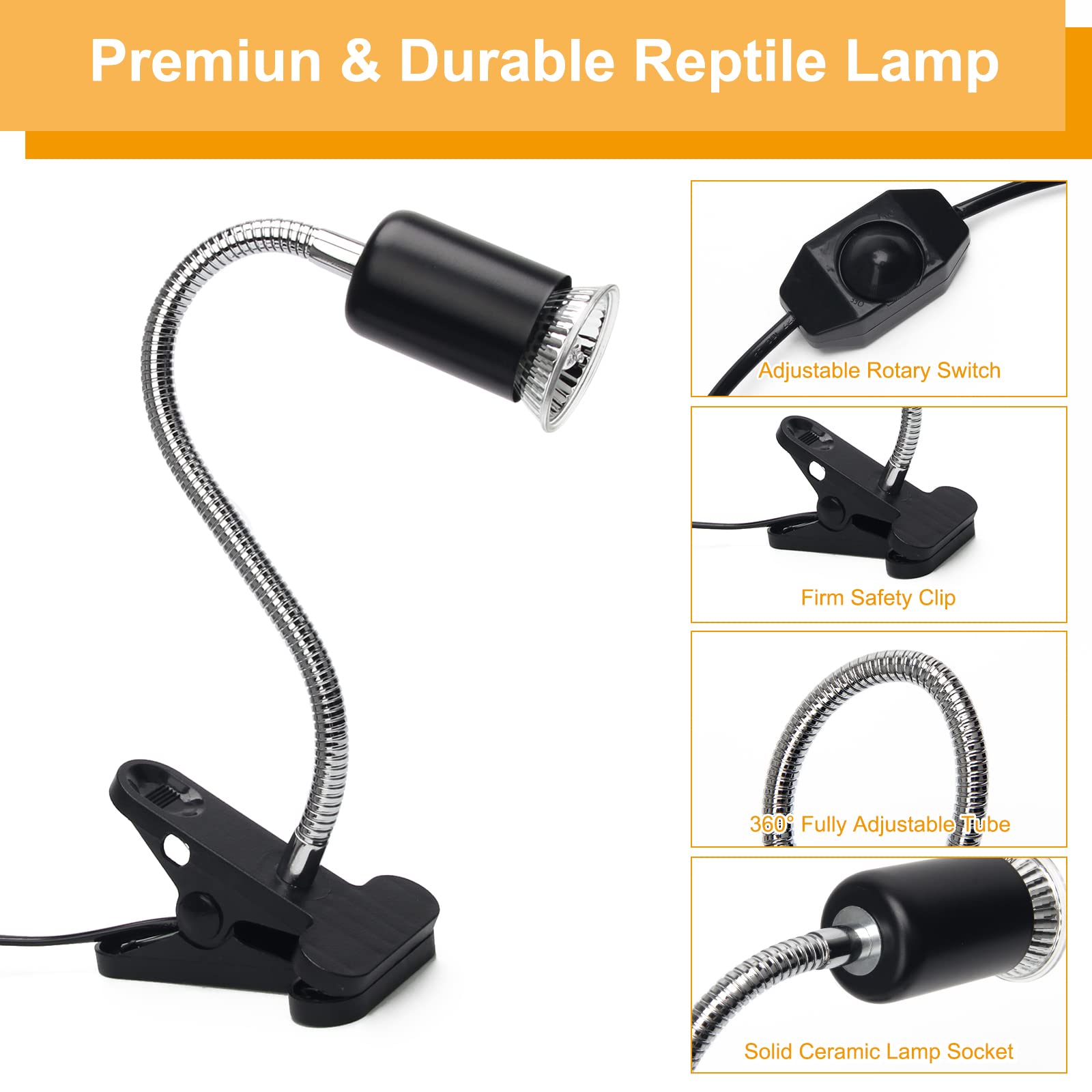 50W UVA UVB Reptile Heat Lamp with 2 Bulbs - 360° Rotatable Adjustable Clips for Turtles, Lizards, Snakes - Perfect for Aquariums, Terrariums & Reptile Habitats - Yellow Light for Daytime Basking & Nighttime Warmth