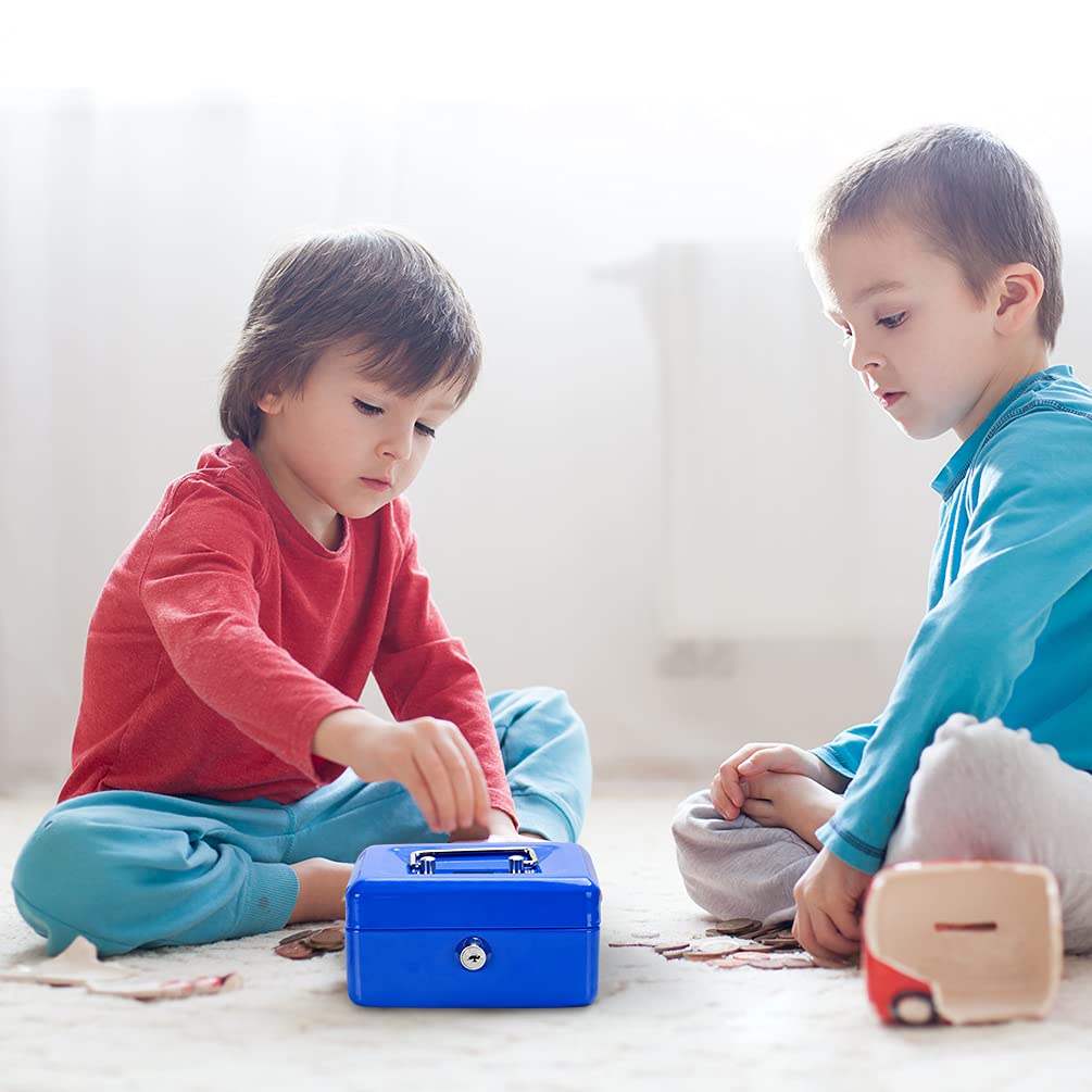 Jssmst Small Locking Cash Box with Money Tray - Secure Money Storage Box for Kids with Top Slot - Blue Lock Box (5.91