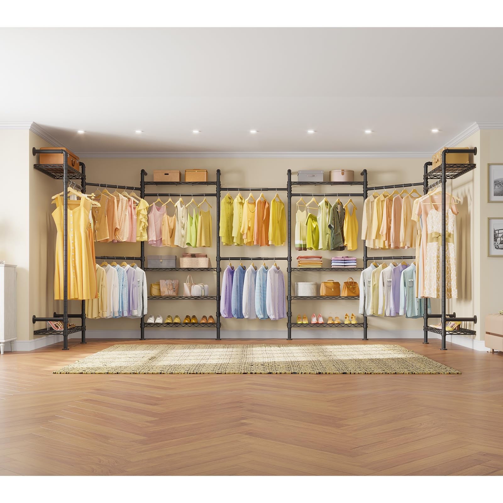 Heavy Duty Expandable Wall Mounted Garment Rack - Industrial Pipe Clothes Hanging System with Adjustable Storage for Walk-in Closet, Wardrobe & Laundry Room Organization (Black) | Perfect for Home, Retail Stores & Commercial Use