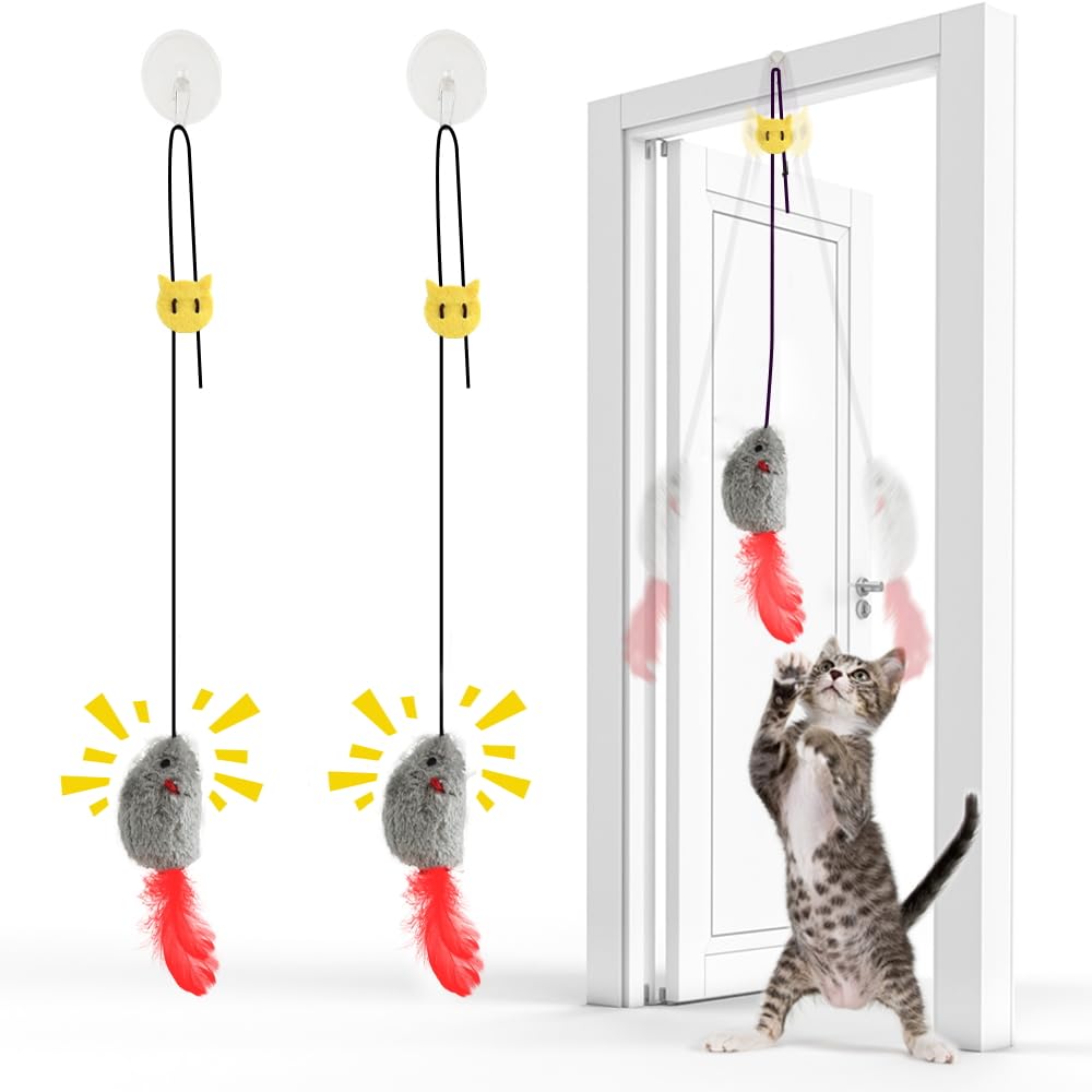FYNIGO Self Play Cat Toys - 2 Pack Interactive Door Hanging Cat Mouse with Squeaky Sound & Feather Tail, No Batteries Required, Perfect for Indoor Adult Cats to Relieve Boredom and Encourage Playful Activity at Home