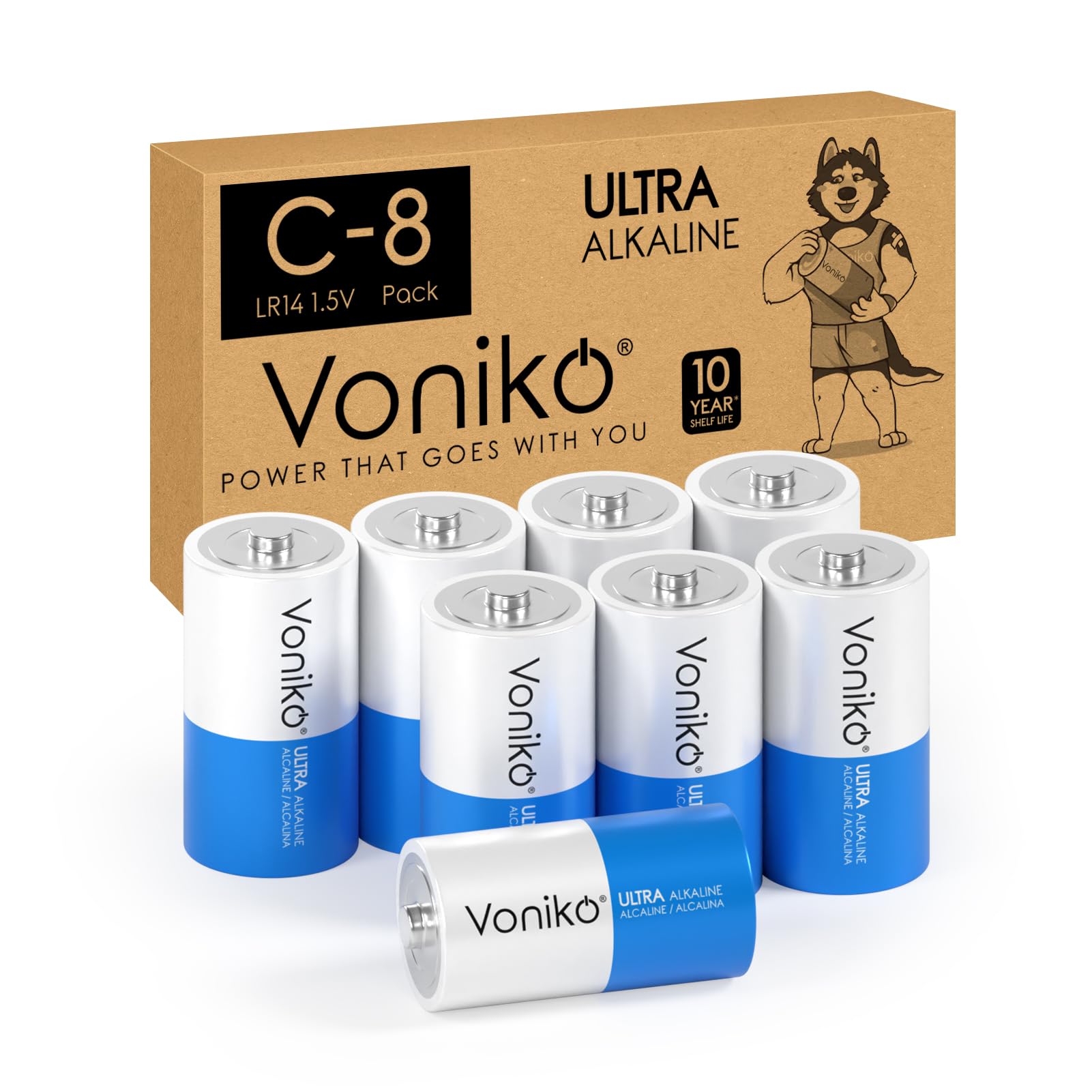 Voniko Ultra Alkaline C Batteries 8 Pack - LR14 C Size 1.5V Battery with 10-Year Shelf Life | 6-9X More Power Than Carbon Batteries | Ideal for Flashlights, Toys, Clocks & Emergency Kits
