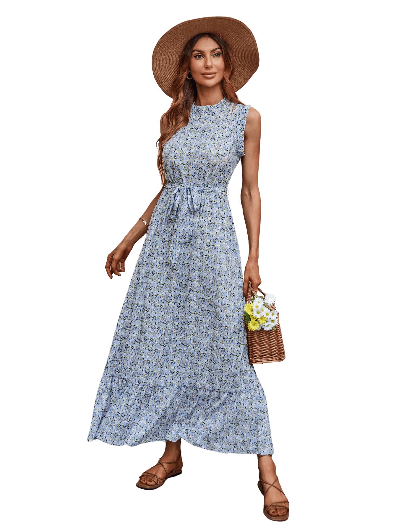 SweatyRocks Women's Floral Print Sleeveless Ruffle Hem A-Line Midi Dress with Belt - Summer Casual, Wedding Guest, Cocktail Party Outfit