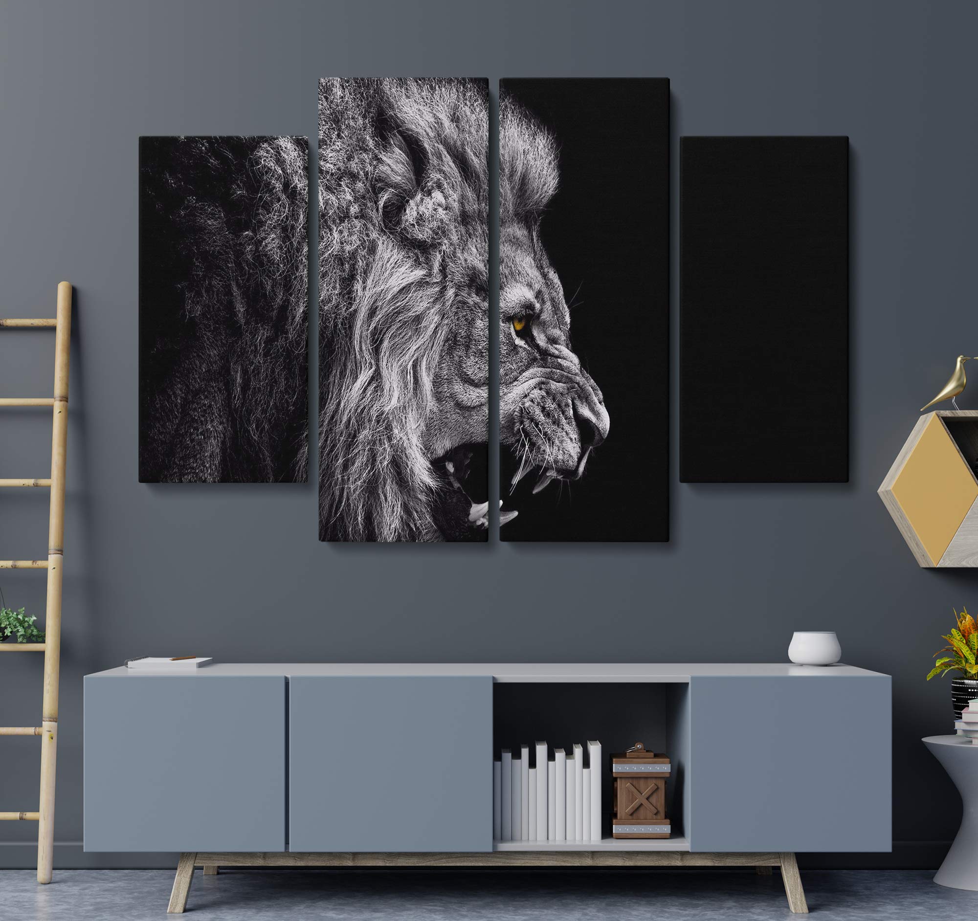 Blaze Canvas Lion Roar Black & White Framed Wall Art Print - 4 Piece Set - Home & Office Decor - Perfect for Living Room, Bedroom, or Office Wall Decoration