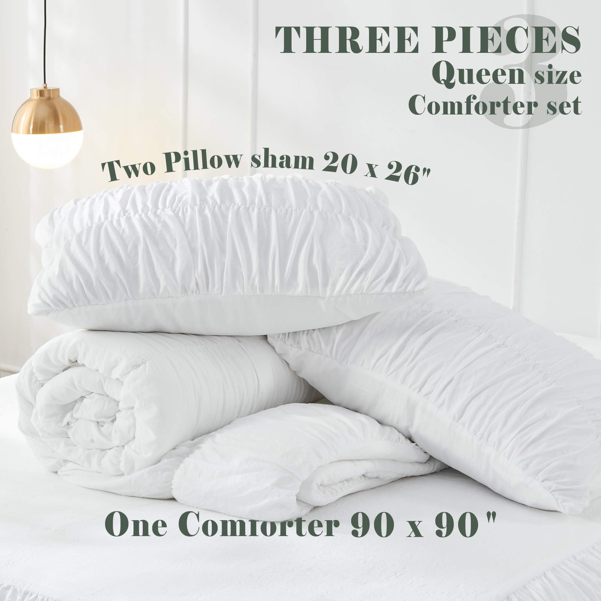 Queen Comforter Set - White Boho Shabby Chic Bedding - Fluffy 3 Piece Ruffle Comforter with Pillow Shams - Perfect for Master Bedroom, Guest Room & Bohemian Home Decor