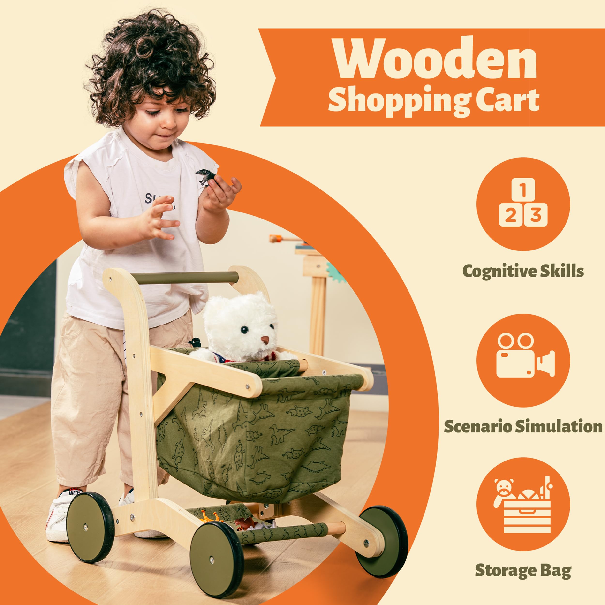 Kobkz Wooden Baby Walker & Push Toy for Toddlers - Natural Wood Learning Walker with Wheels, First Steps Assistant (Green) | Perfect for Early Walking Practice, Indoor Play & Montessori Learning