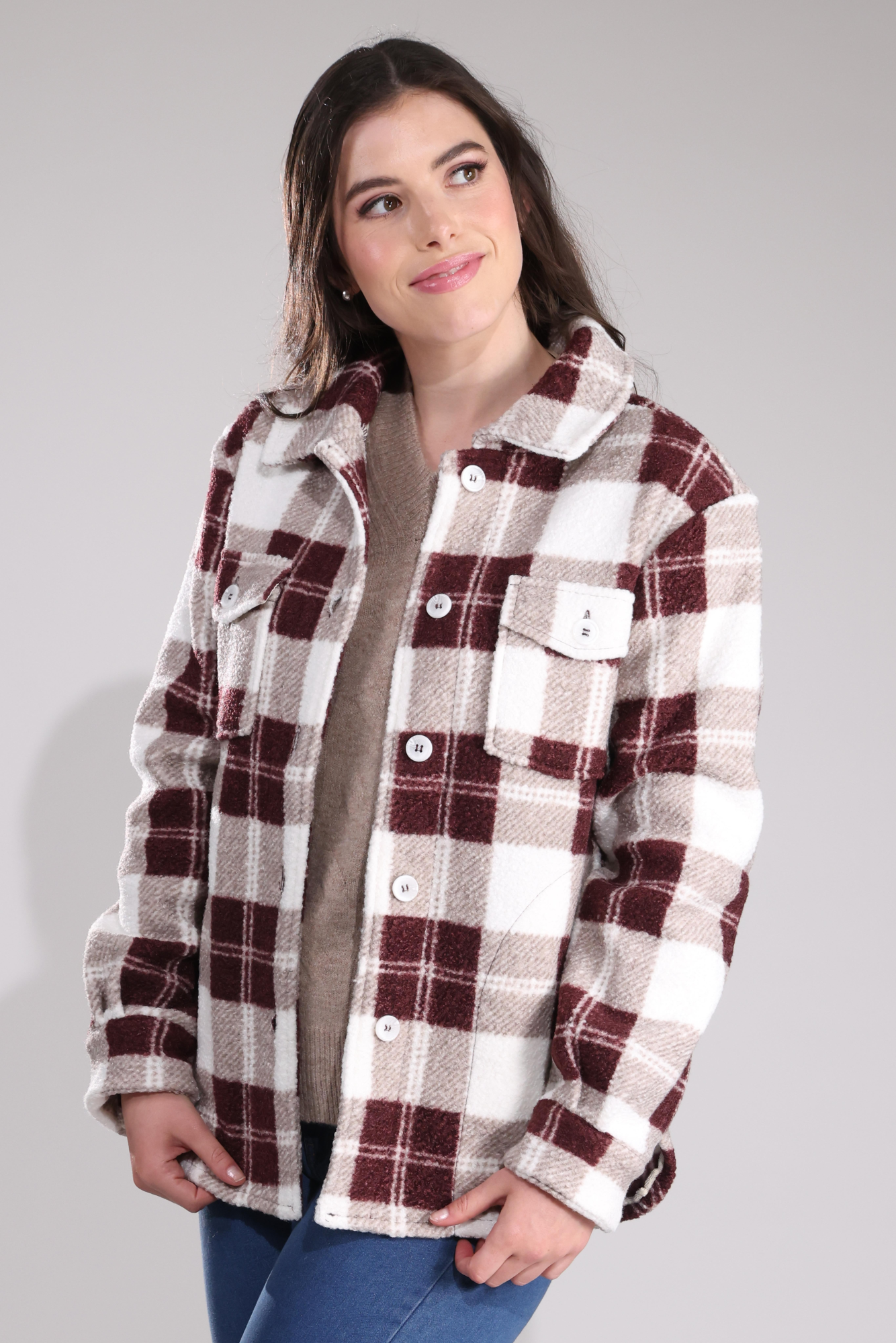 Soft Boucle Check Jacket for Women - Grey & Pink Color Combo | Stylish Oversized Blazer Coat (Style 3511B1) | Perfect for Office Wear, Date Nights & Fall Layering