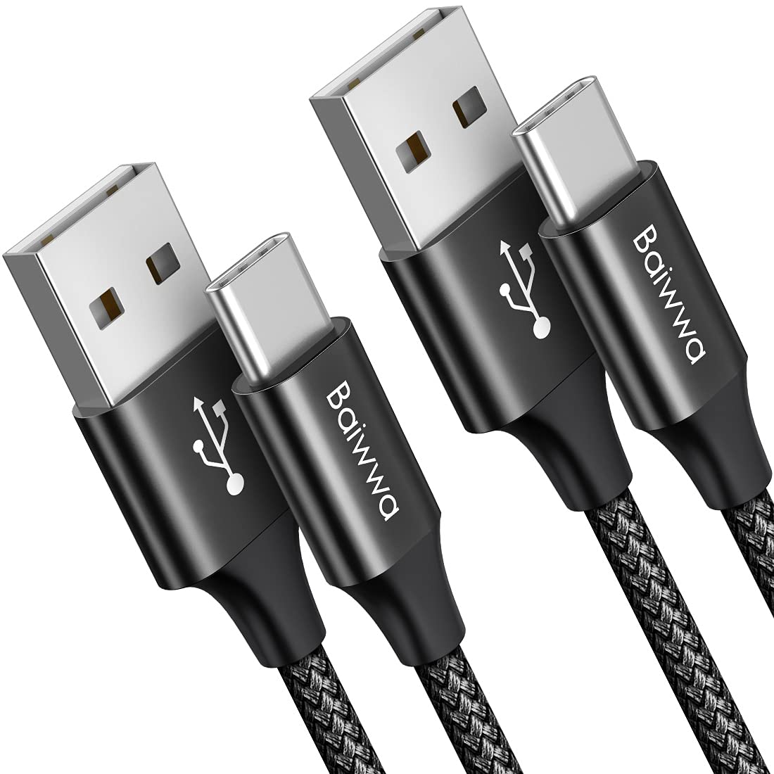 Baiwwa 2-Pack 3ft USB C to USB A Fast Charging Cable 3A Nylon Braided - Compatible with iPhone 16/15 Pro Max/Plus, Samsung Galaxy S24/S23/S22/S21/S20/Note 20/10, Pixel 8/7 XL/7a/8 Pro - Perfect for Car Play, Home & Office Charging