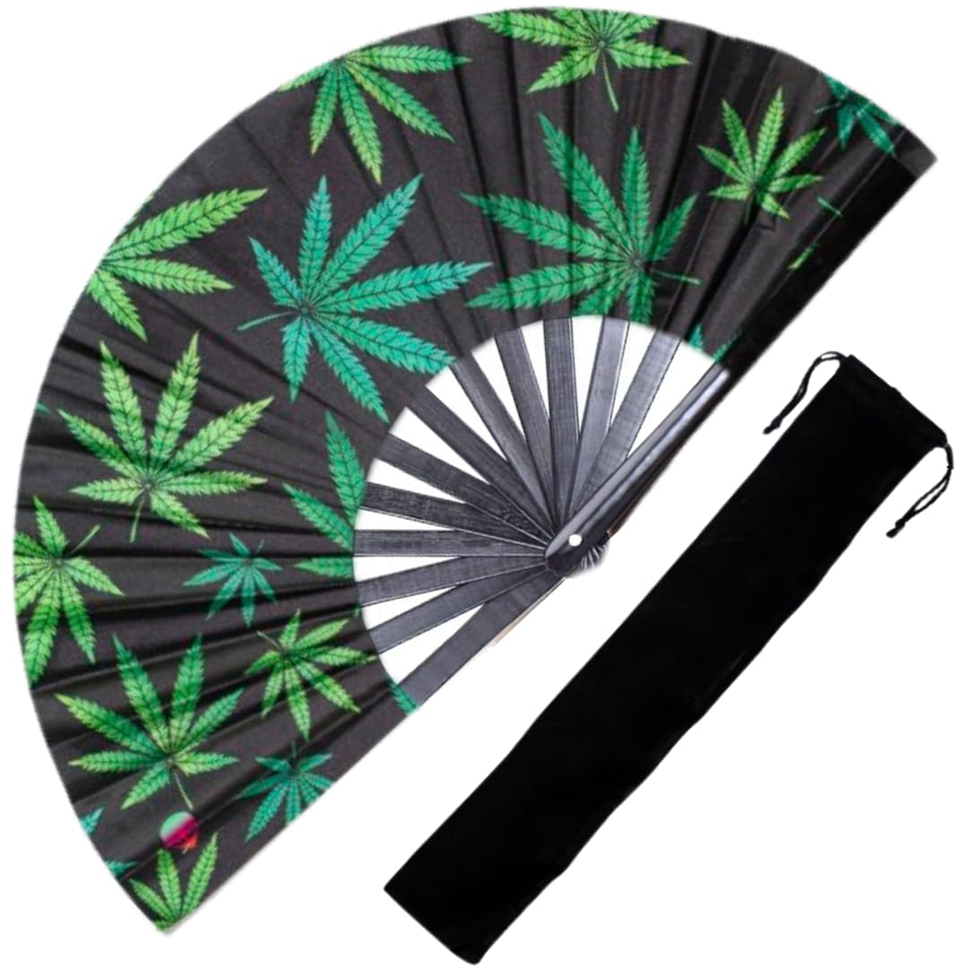 Holographic Rave Hand Fan - Large Folding Festival Fan for Women & Men - Drag Queen Burlesque Accessory - Perfect for EDM Concerts, Pride Parades & Themed Parties (Leaf Design)