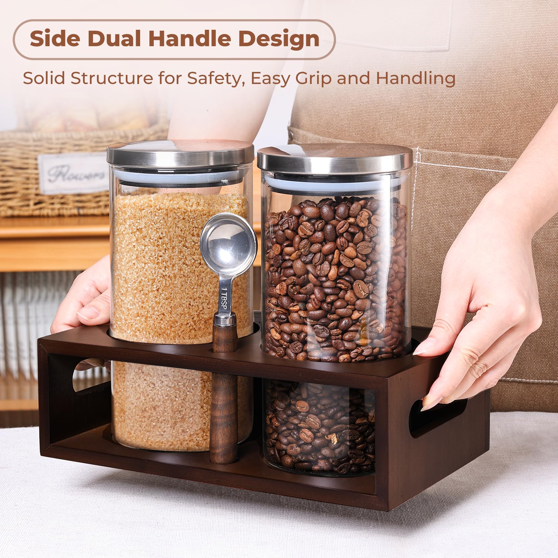 ComSaf 44oz Airtight Coffee Storage Canister with Stainless Steel Lid - 2 Pack Glass Coffee Containers for Ground Coffee & Beans, Includes Metal Scoop & Shelf - Perfect for Coffee Bars, Kitchens & Pantry Organization