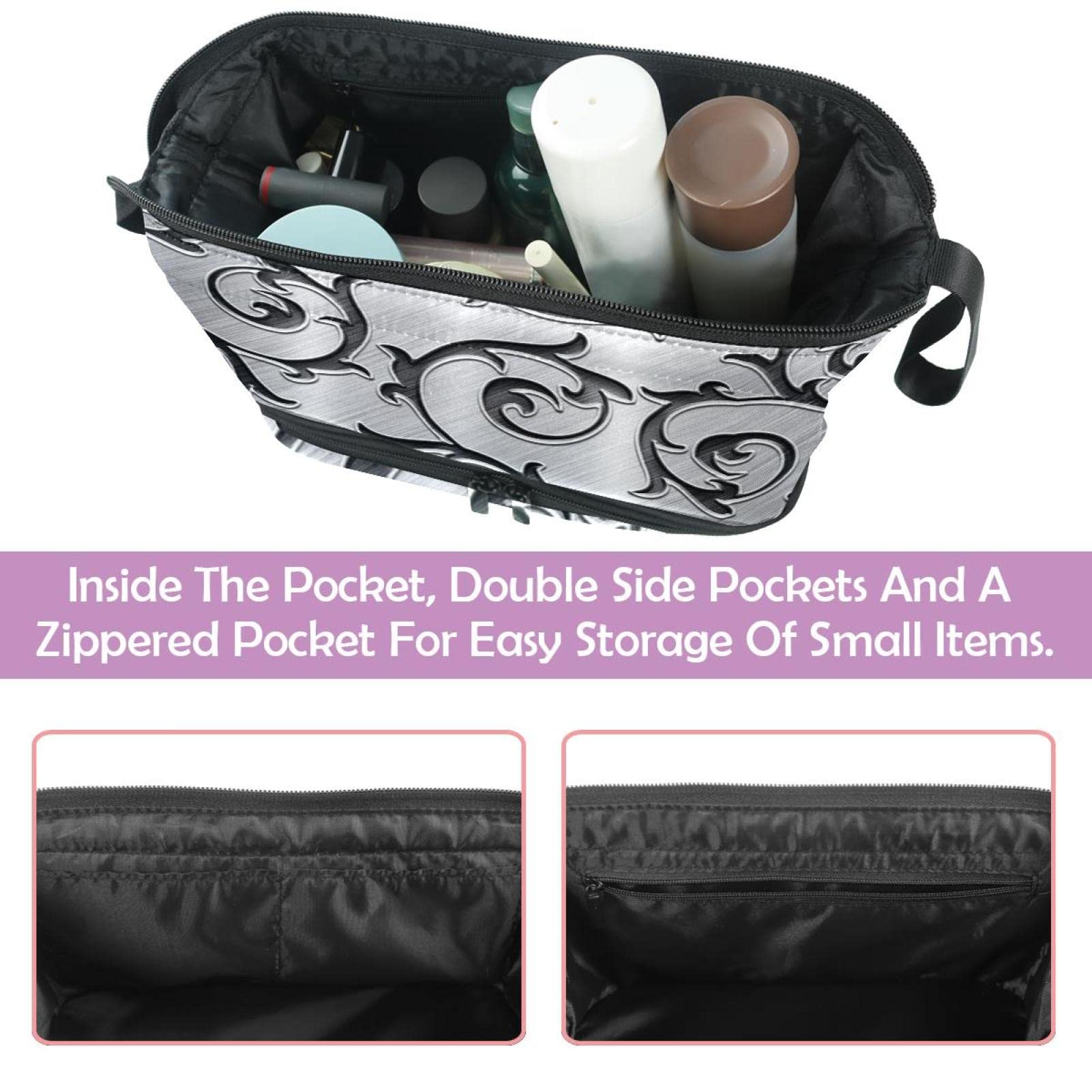 Large Travel Cosmetic Bag for Women - Textured Metal Silver Floral Makeup Organizer & Toiletry Pouch | Perfect for Vacation, Gym, Business Trips & Daily Essentials Storage