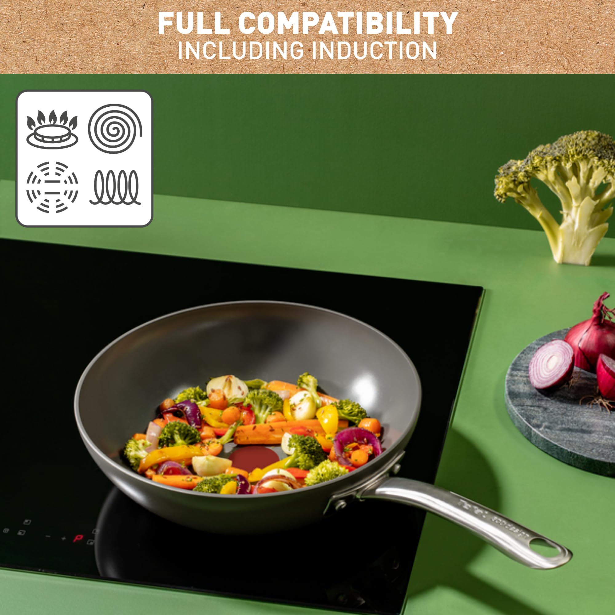 Tefal Renew On - 28cm Ceramic Non-Stick Wok Pan, Induction Compatible, Thermo-Signal Heat Indicator, Eco-Friendly & Healthy Cooking, Made in France C4241943 - Perfect for Stir-Fry, Sautéing & Asian Cuisine
