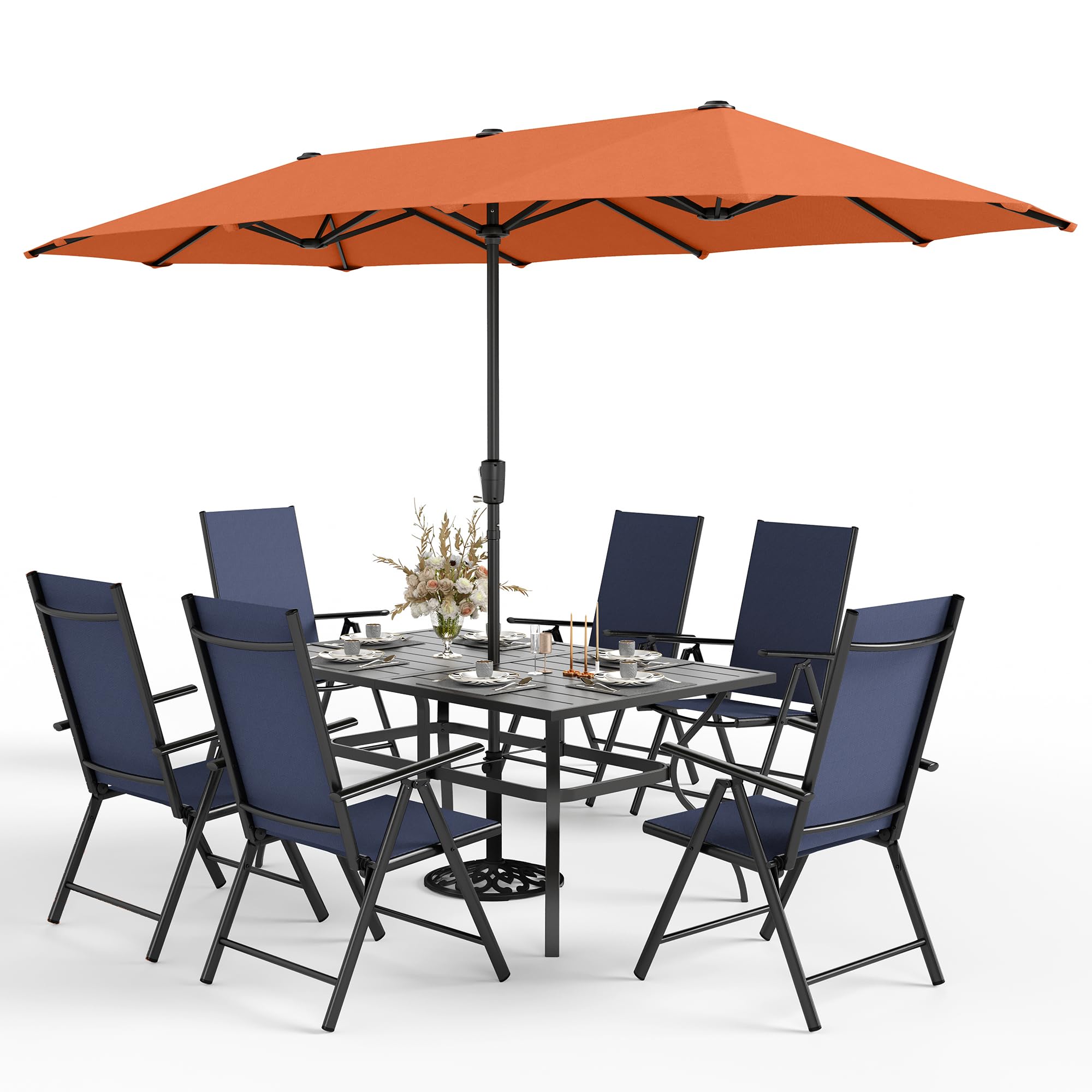 Sophia & William 7-Piece Outdoor Dining Set with 13ft Red Umbrella - Folding Patio Chairs for 6, Durable Rectangular Metal Table & Comfortable Sling Chairs in Blue - Perfect for Backyard BBQs, Poolside Gatherings & Garden Parties