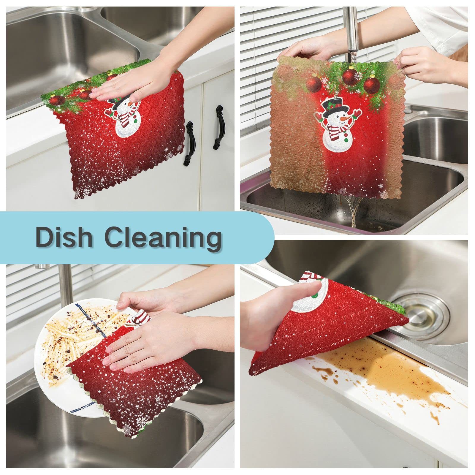 SUABO 6 Pack Christmas Kitchen Towels - Snowman Dish Cloths for Holiday Cleaning & Decor