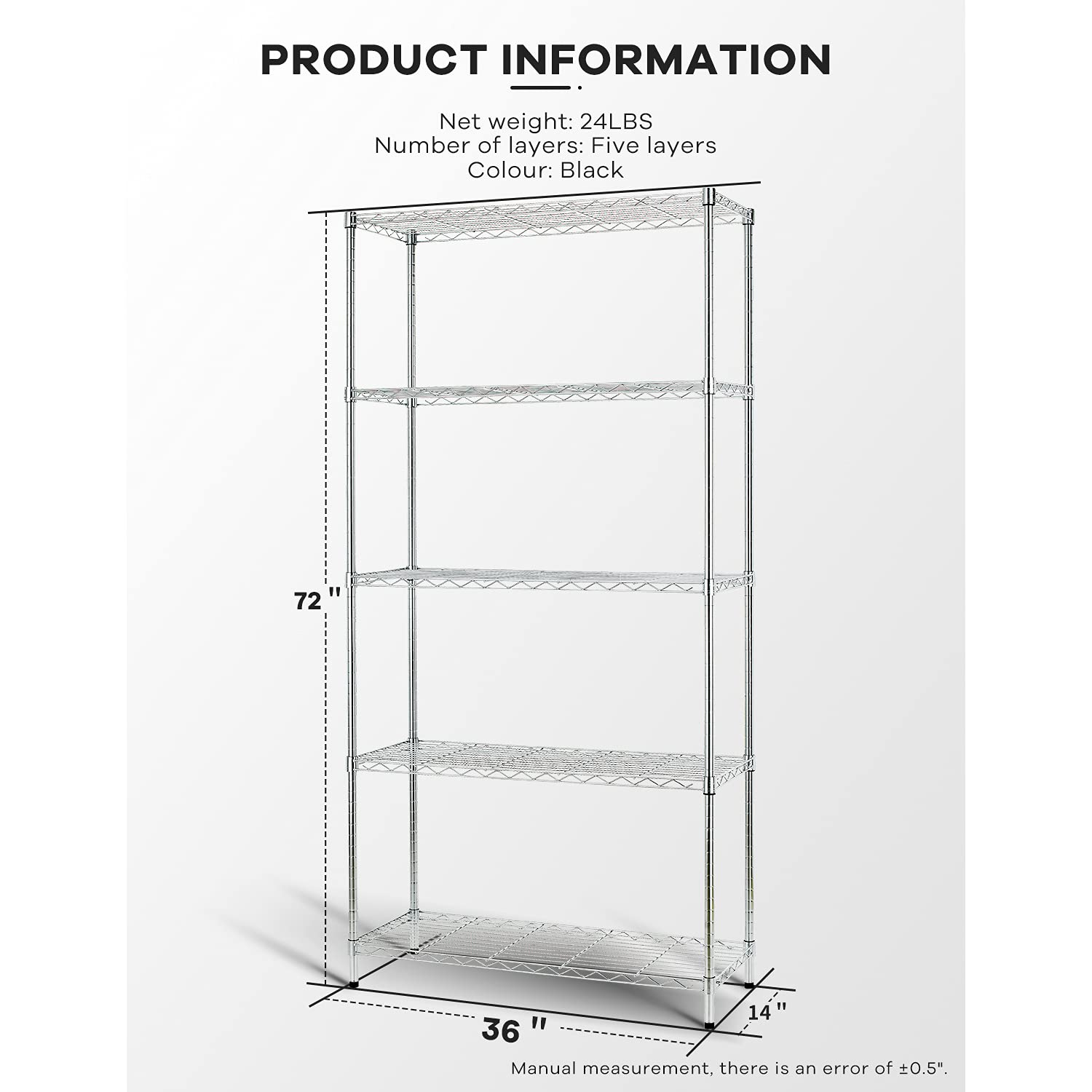 HCY 5-Tier Heavy Duty Metal Shelving Unit, 72x36x14 Inch Adjustable Steel Wire Shelves for Garage, Pantry, Kitchen Storage – Sturdy & Durable Chrome Finish – Perfect for Organizing Tools, Food Supplies, and Household Items