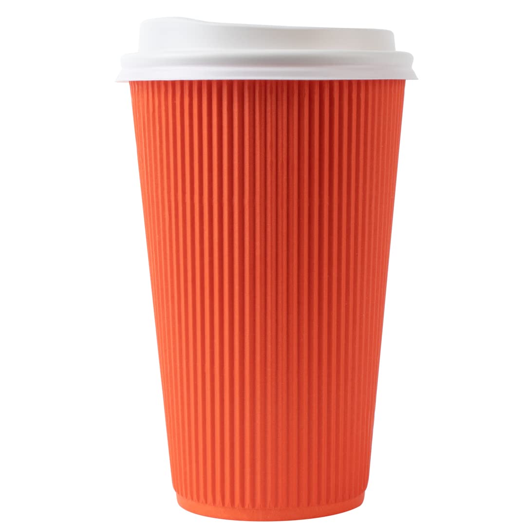 16oz Insulated Coffee Cups with Lids - 200 Pack Leakproof Disposable Hot Drink Cups for Coffee, Tea & Cocoa | Non-Slip Ripple Wall Design | Tangerine Orange Paper Cups for Restaurants, Cafes & Office Use