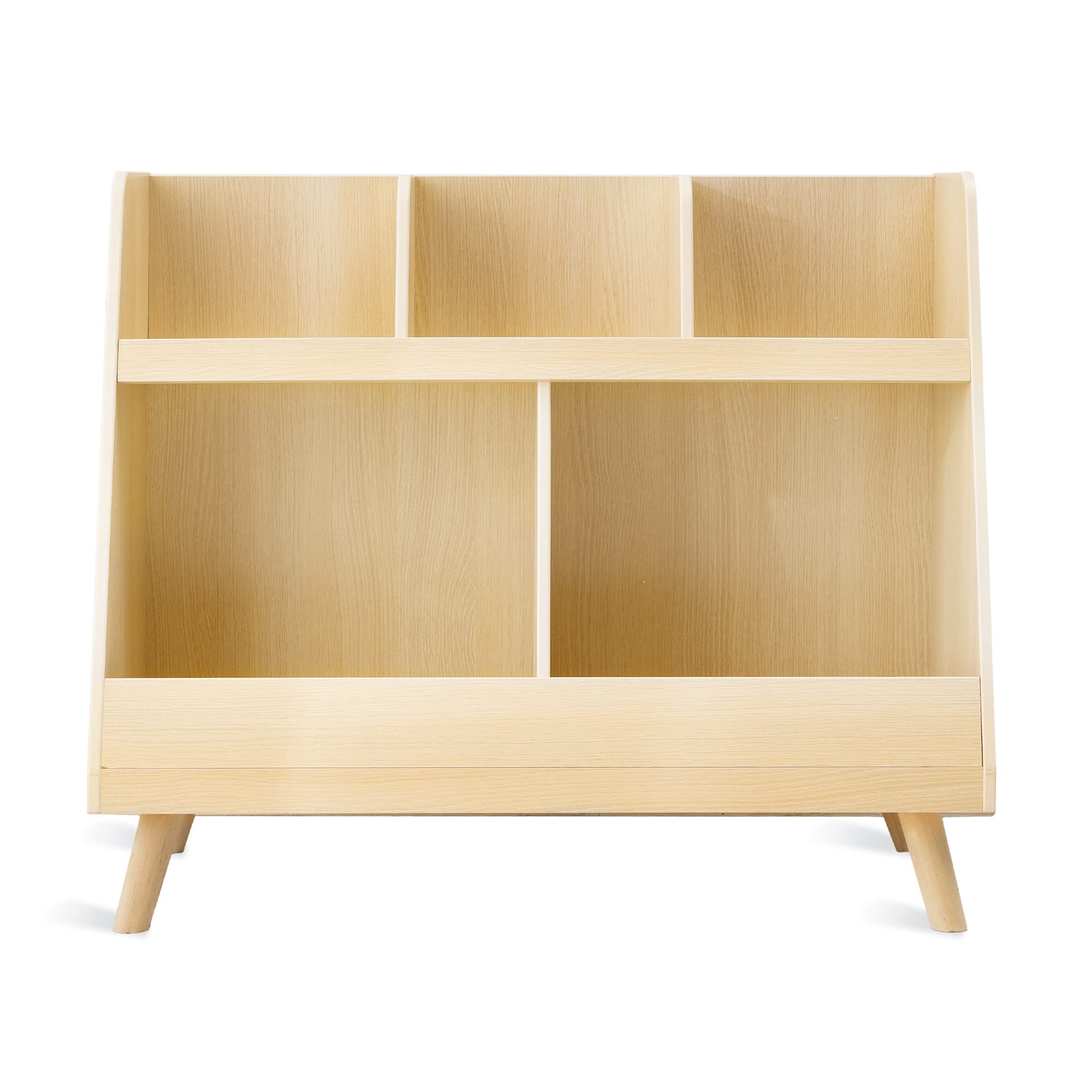 Wooden Kids Bookshelf & Toy Organizer - 5 Cubbies, 2-Tier Baby Book Storage Display - Natural Wood Color - Perfect for Nursery, Playroom, Bedroom - Great Christmas & Birthday Gift for Toddlers