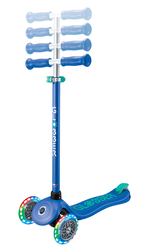 Globber Primo Plus Lights Scooter for Kids - Adjustable Height, LED Wheels, Navy Blue/Emerald Green - Perfect for Outdoor Play, Commuting & Neighborhood Rides