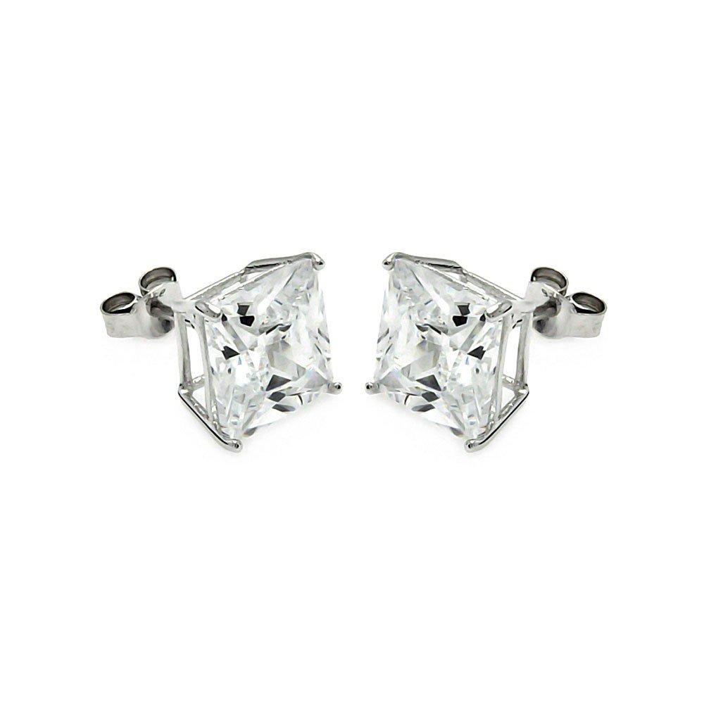 9MM Square Clear Cubic Zirconia Stud Earrings - Rhodium Plated Sterling Silver for Women - Perfect for Weddings, Parties & Everyday Wear