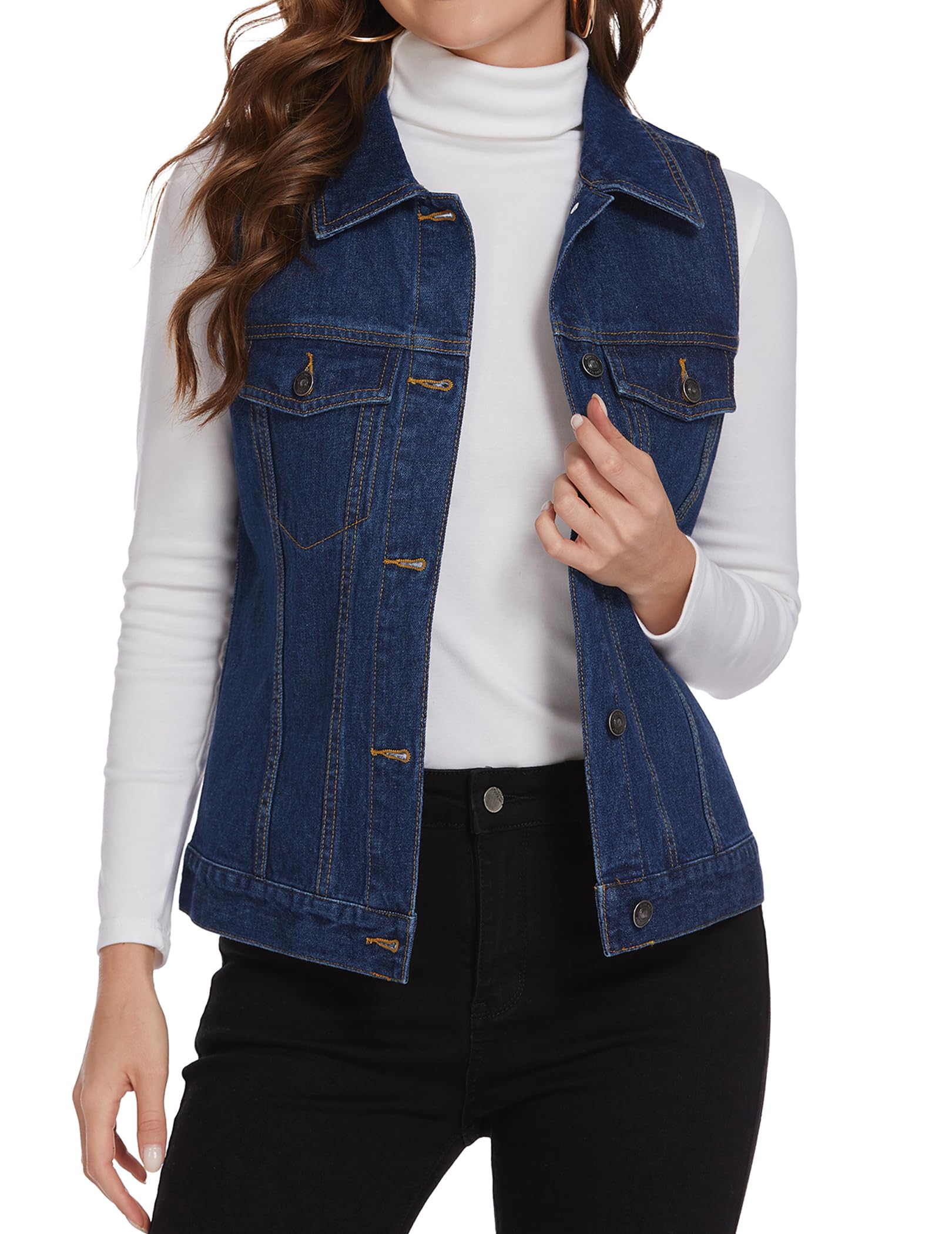 Women's Casual Denim Vest Sleeveless Jean Jacket with Chest Pockets - Navy Blue Small | Stylish Layering Piece for Spring & Summer Outfits, Perfect for Music Festivals & Streetwear Looks