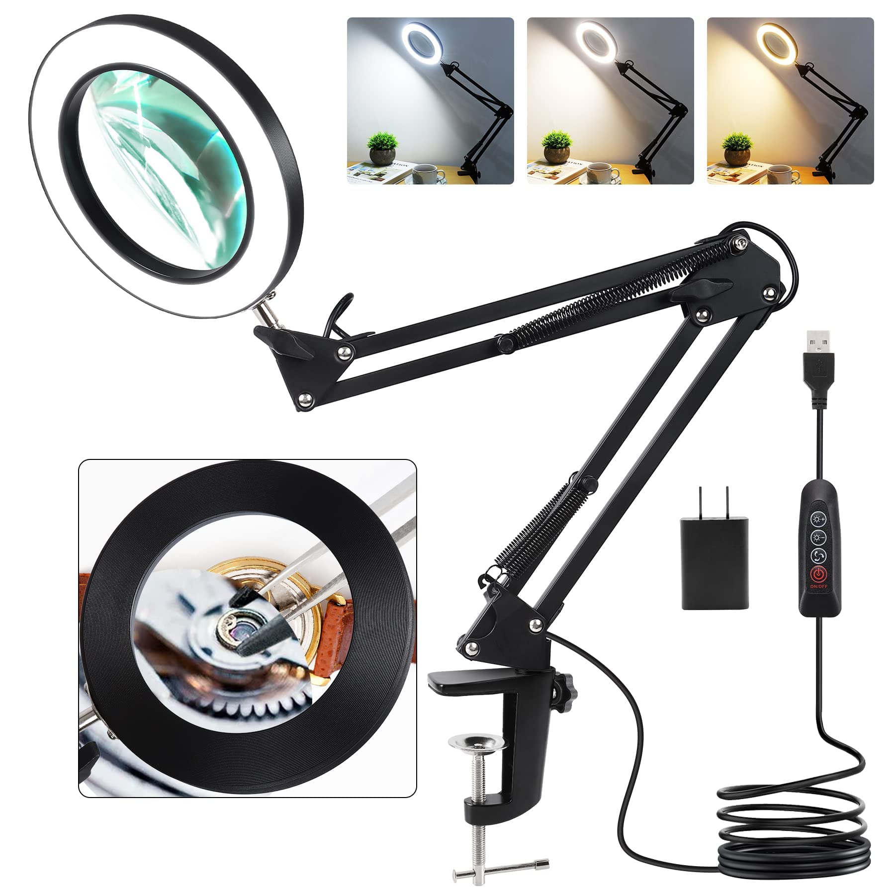 10X Magnifying Glass with Light and Stand - Veemagni Real Glass Magnifier with 3 Color Modes & Stepless Dimming, Adjustable Swing Arm LED Desk Lamp for Reading, Crafts, Jewelry Repair, Soldering & Close Work (Ideal for Hobbyists, Watchmakers & Elderly)