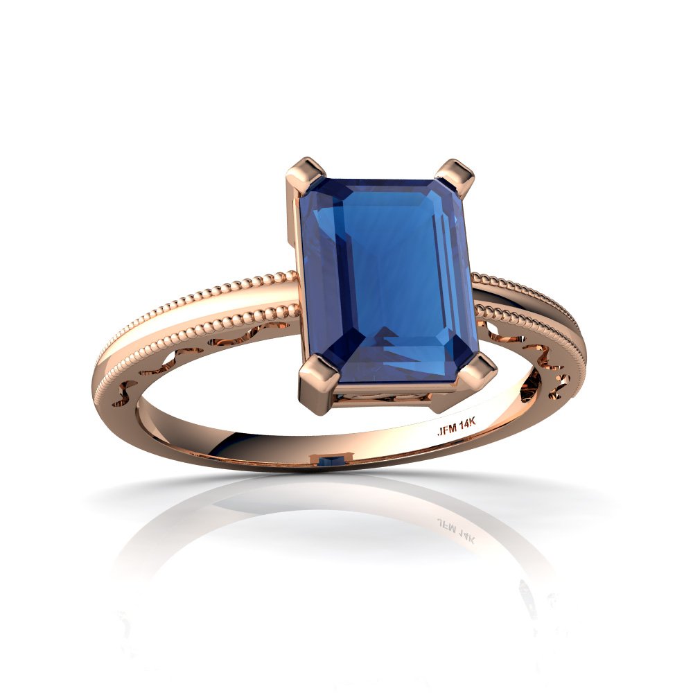 14Kt Gold London Blue Topaz 8x6mm Emerald Cut Milgrain Scroll Ring – Elegant Vintage Jewelry for Women, Perfect for Weddings, Anniversaries & Special Occasions