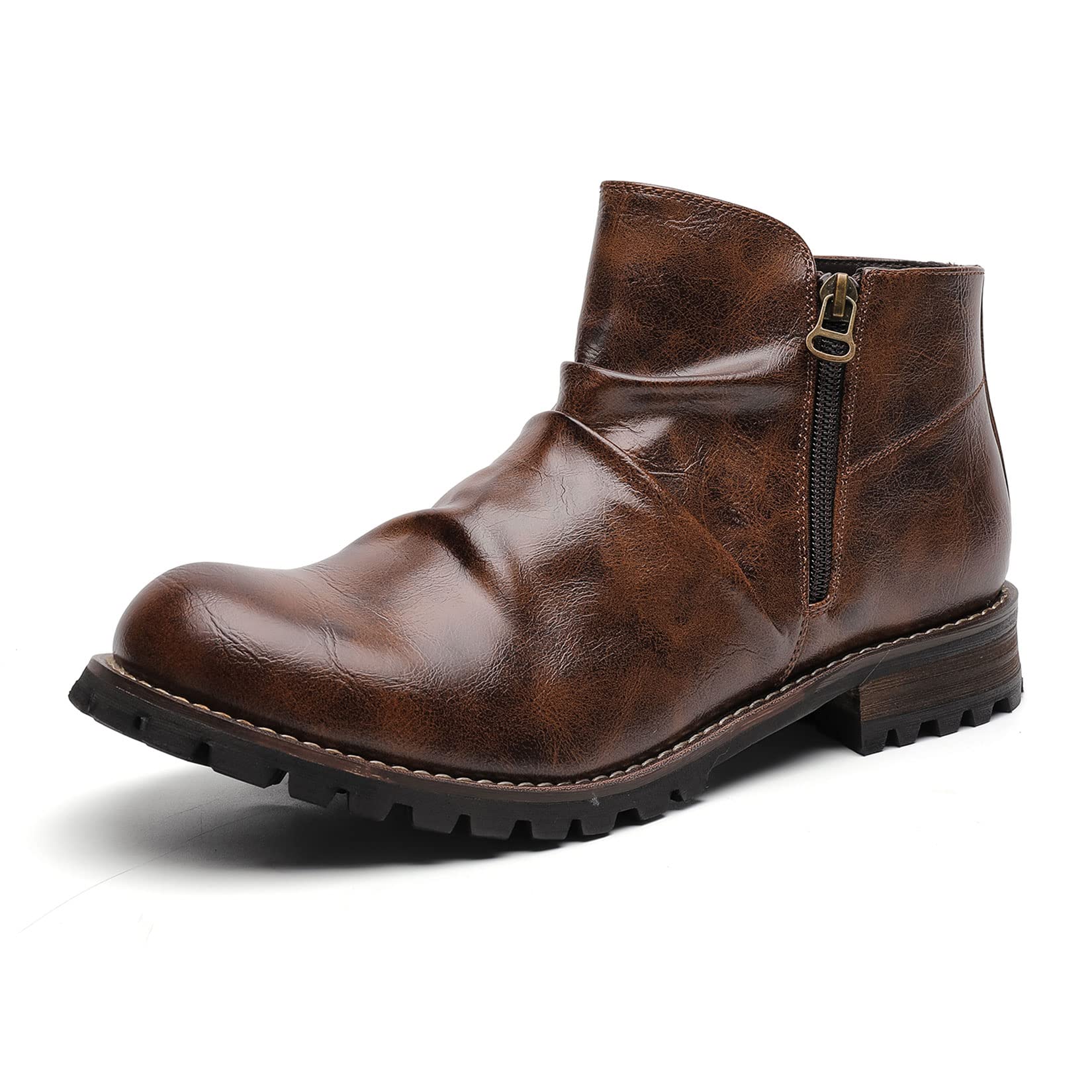 AMAPO Western Cowboy Mens Boots - Mid-Tube Chukka Boots with Thick Heel, Zipper & Buckle Design, Perfect for Casual Wear, Motorcycle Riding, and Outdoor Adventures