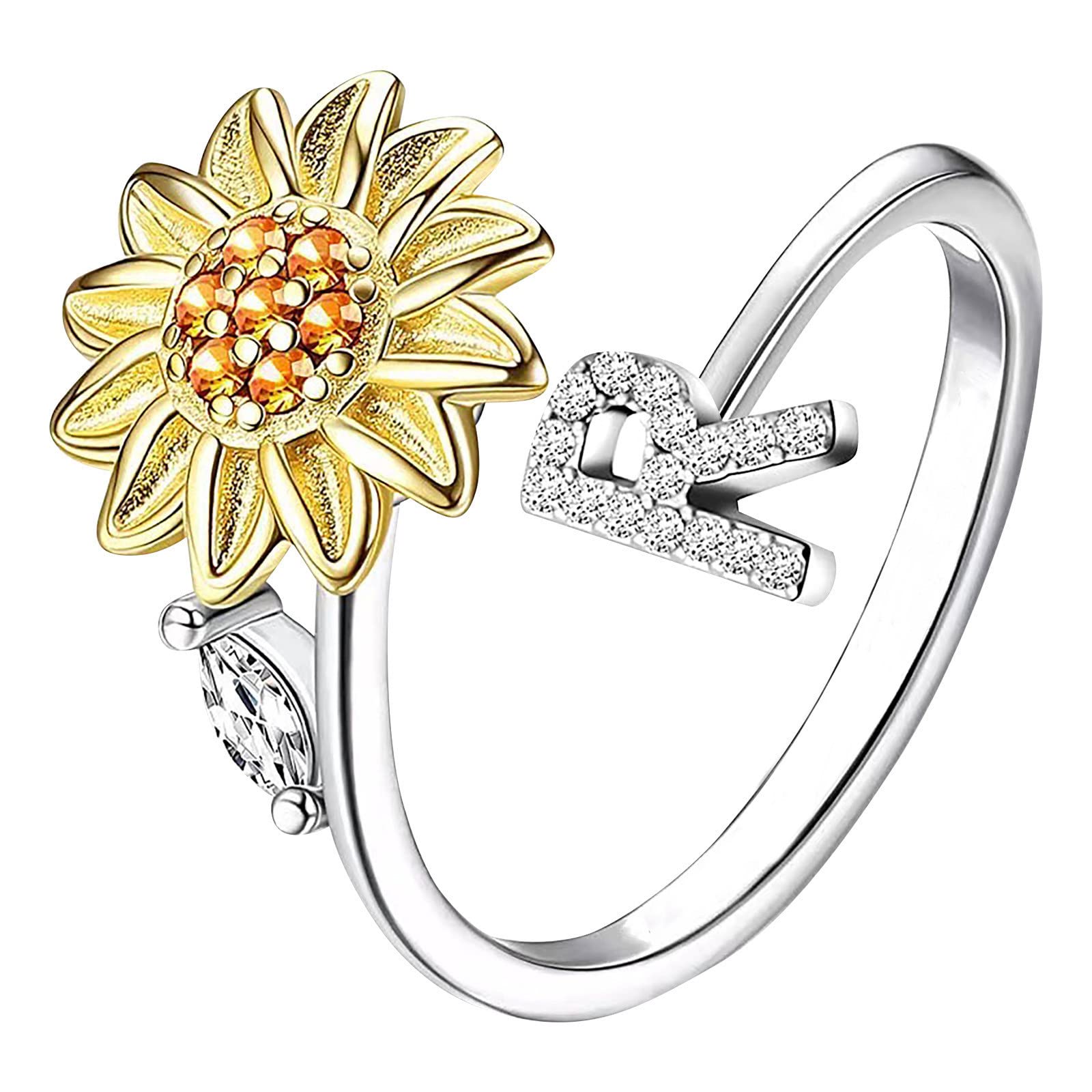 Sunflower Letter Rotatable Ring Set for Women - 26 Alphabet Initial Rings, Fashion Jewelry Gift for Wife, Girlfriend - Perfect for Birthdays, Anniversaries & Everyday Wear (Size R, One Size)