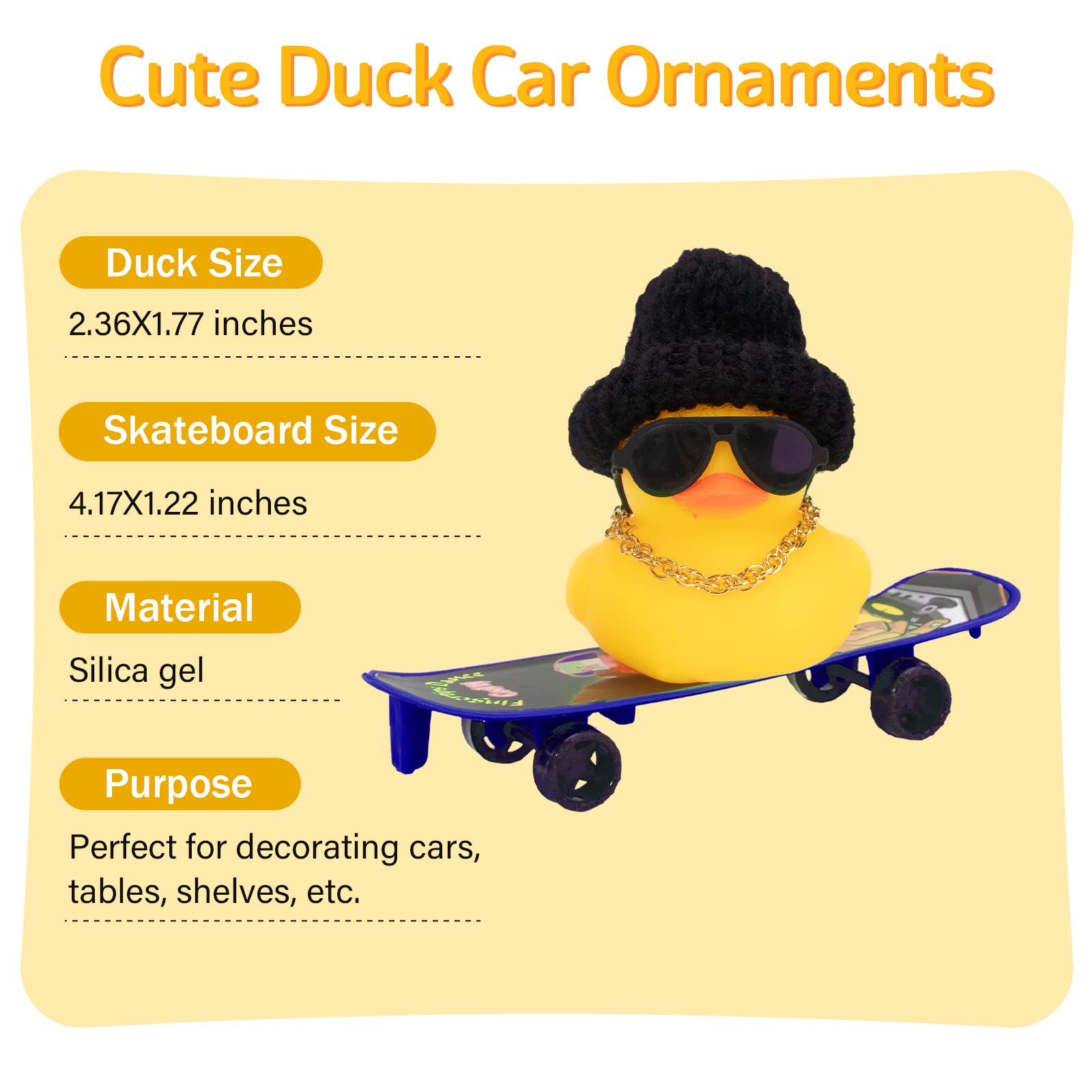 Wonuu Car Duck Ornament - Rubber Duck Dashboard Decoration with Mini Hat, Necklace, Sunglasses, Chair & Skateboard - Perfect for Car Interior Accessories and Fun Dashboard Decor
