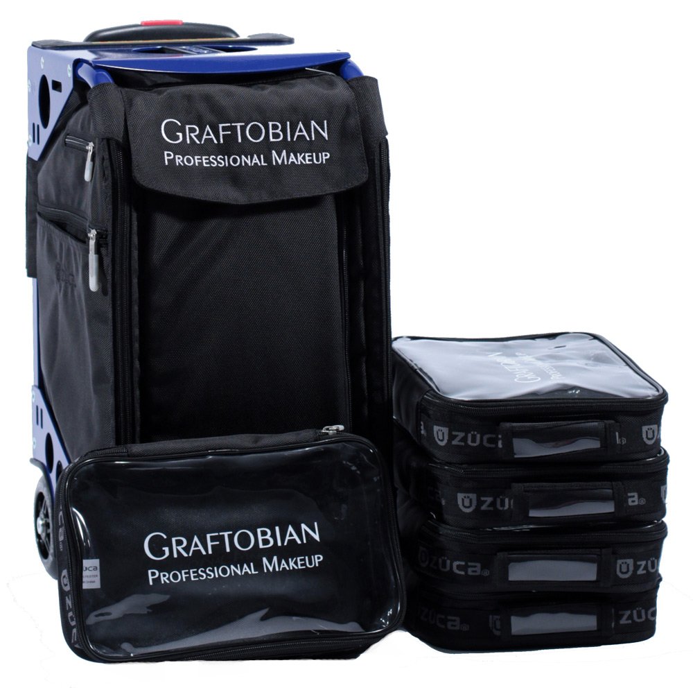 Zuca Pro Artist Wheeled Makeup Case with 2 HD Super Palettes - Professional Cosmetic Organizer with Black Insert Bag, Navy Blue Frame, 5 Vinyl Bags & Travel Cover - Perfect for Makeup Artists, Travel & Salon Storage (Graftobian)