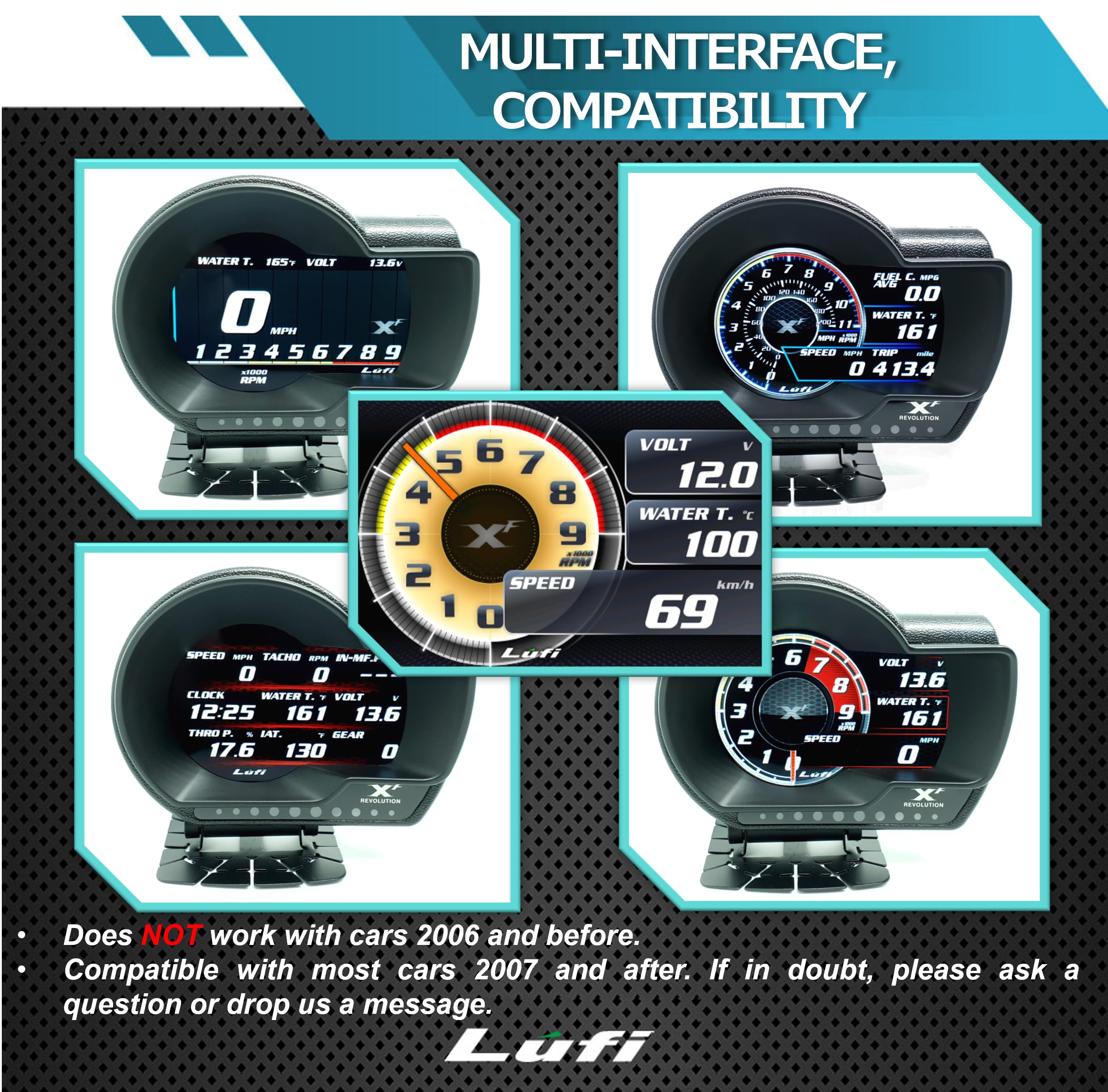 Lufi XF OBD2 Gauge Display - Multi-Function Car Data Monitor with Head Up Display - Fast Response & Highly Customizable - Compatible with Most Vehicles 2007+ (Excludes Boost/Transmission/Oil Temp/Pressure) - Perfect for Performance Tuning, Real-Time Monitoring & Driving Safety