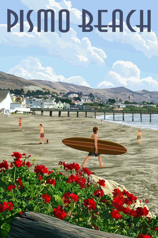 Pismo Beach California Wall Art - 12x18 Coastal Beach and Pier Scene Poster for Living Room, Bedroom, and Office Decor