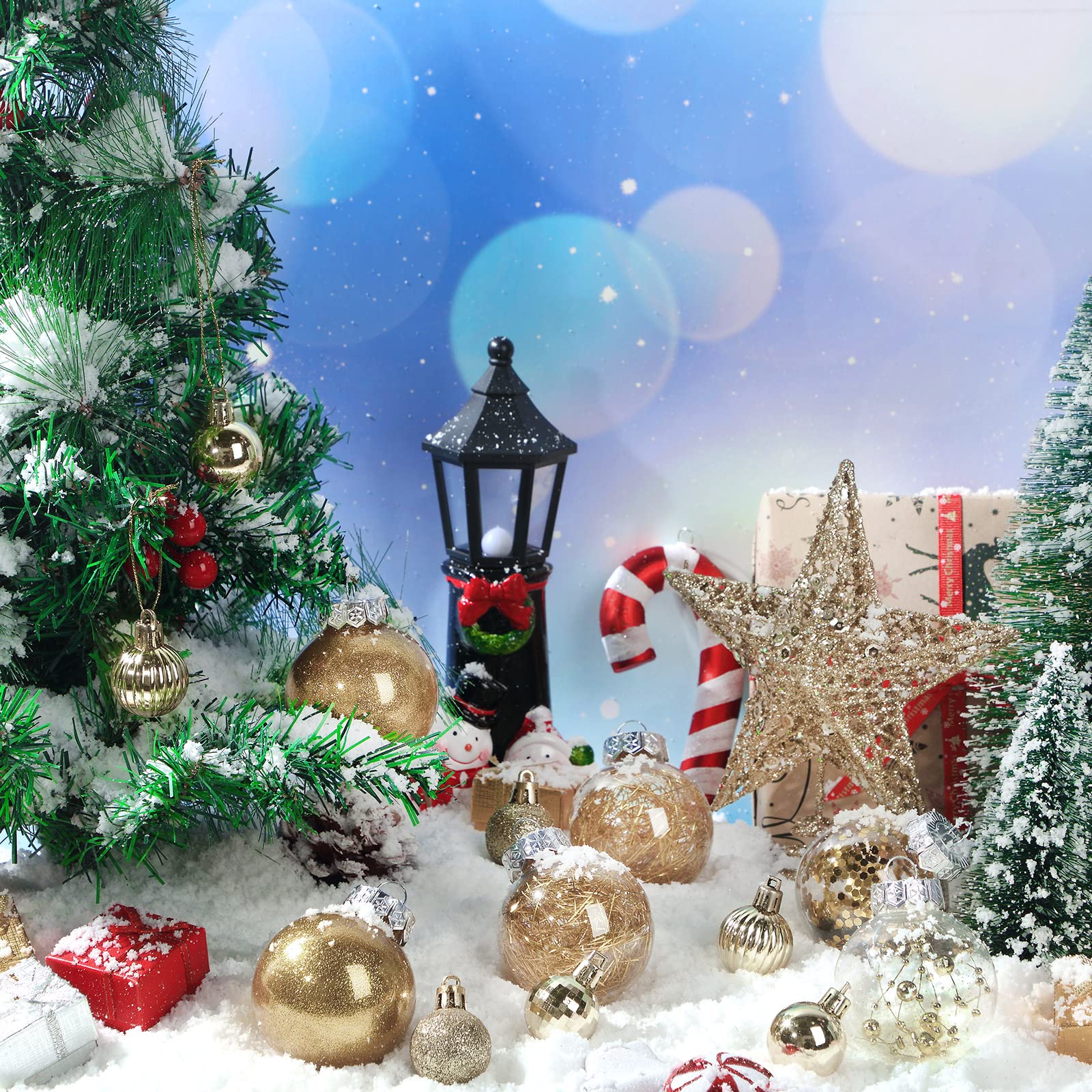 Christmas Tree Ornaments Set - 37 Pcs Champagne Gold Star Baubles & Plastic Tree Topper for Holiday Decor | Indoor & Outdoor Xmas, Birthday Party, Home, Office Decoration