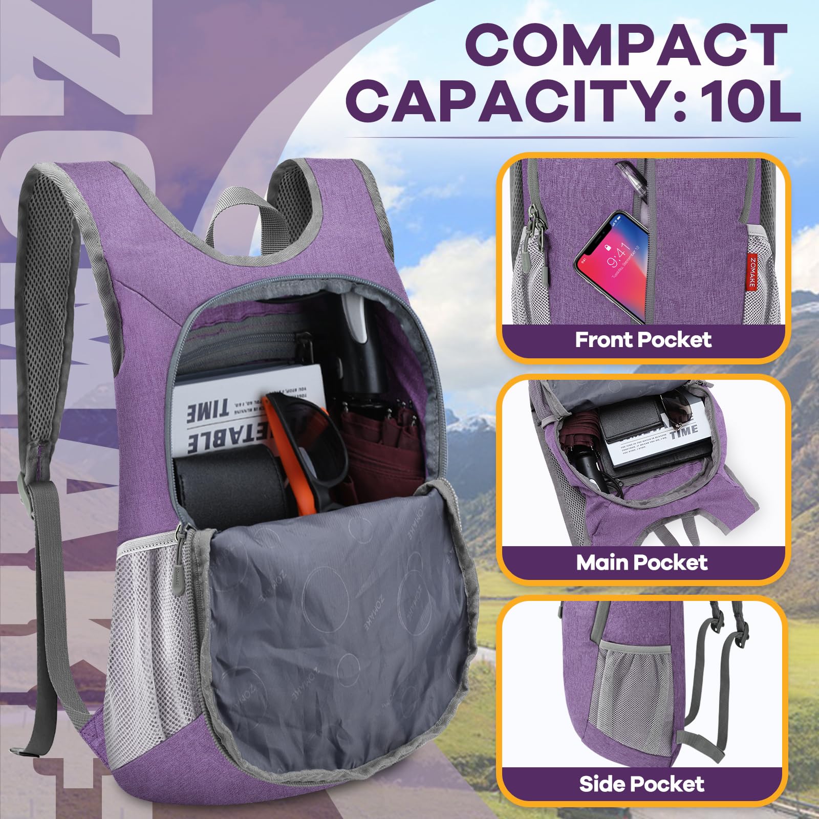 ZOMAKE 10L Lightweight Packable Backpack - Foldable Hiking Daypack for Travel, Camping & Outdoor Adventures | Compact Collapsible Backpack for Men & Women