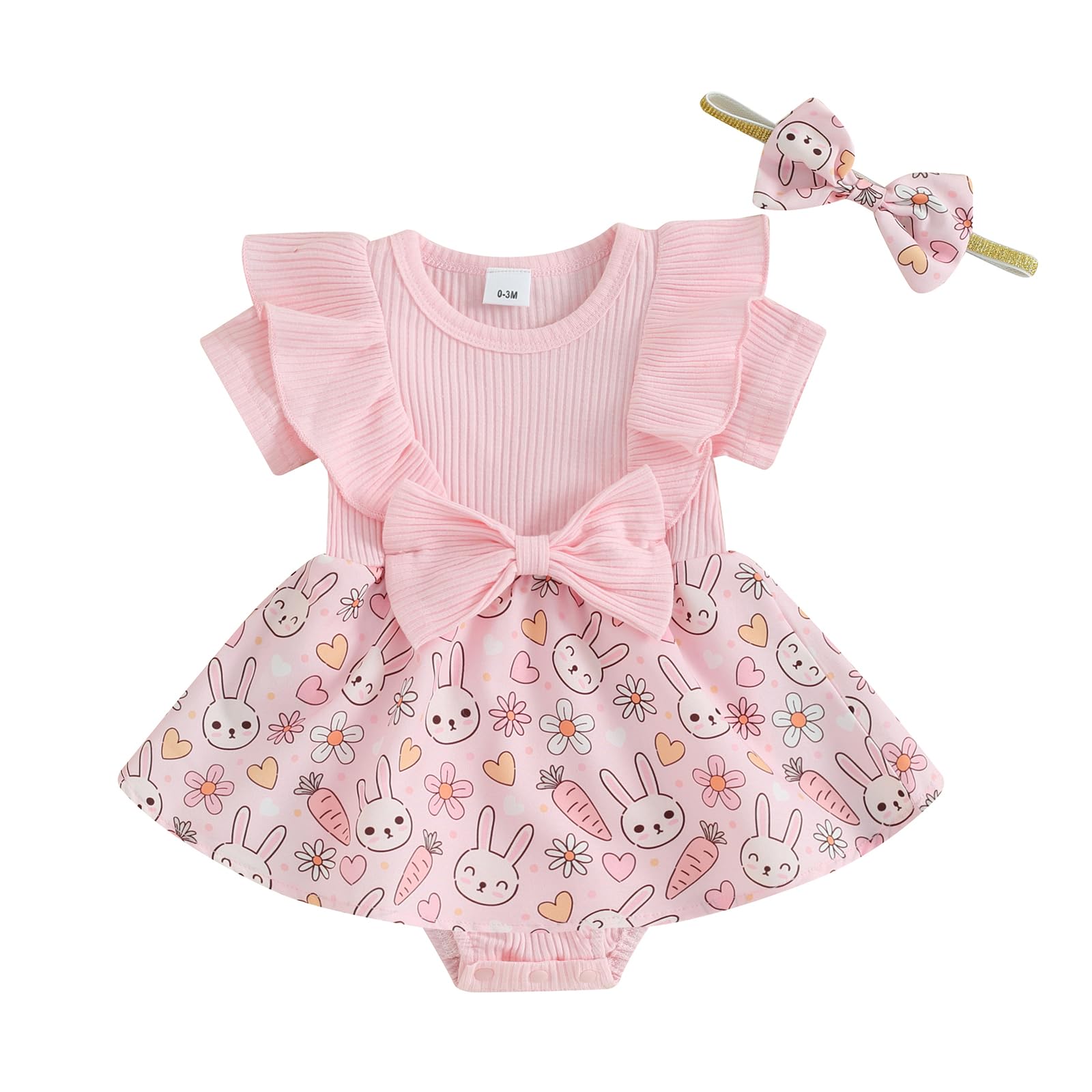 Karuedoo Newborn Baby Girl Easter Romper Dress - Ruffle Short Sleeve Bunny Eggs Print Jumpsuit Bodysuit with Headband - Perfect for Easter Photos, Spring Outings & Baby Showers
