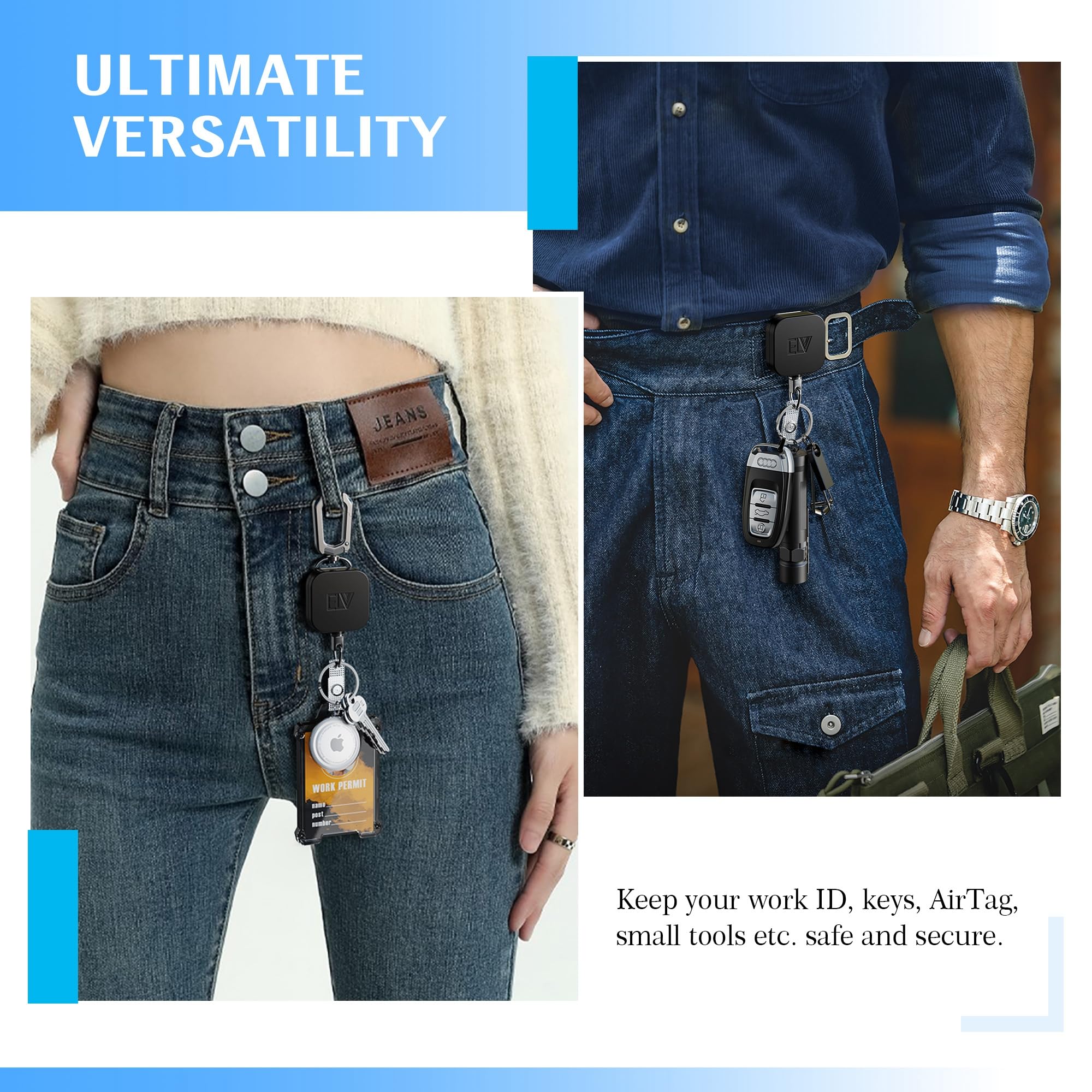 ELV Retractable ID Badge Holder - Heavy Duty Metal Retractable Keychain Badge Reel with Carabiner Belt Clip - 31