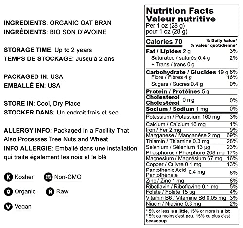 Food to Live Organic Oat Bran, 16 Pounds – Non-GMO, Kosher, Raw, Vegan, Bulk, High Fiber Hot Cereal, Milled from High Protein Oats | Perfect for Healthy Breakfast, Baking & Smoothie Bowls