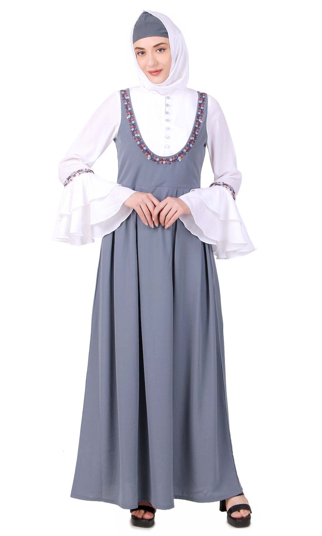 Elegant Dual Color Embroidered Abaya Dress - Stylish Dungaree Look for Women | Perfect for Casual Wear, Parties & Special Occasions