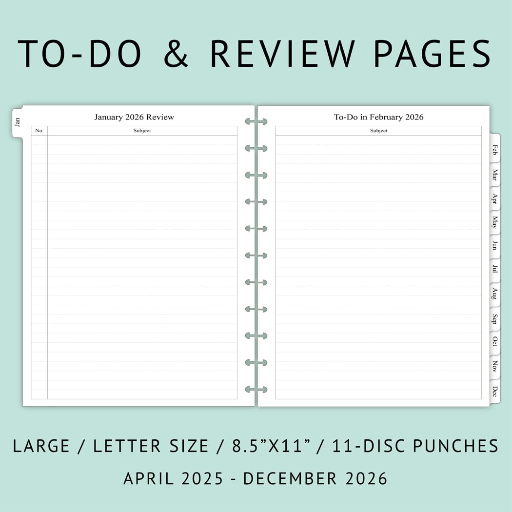 Newestor 2025-2026 Monthly Planner Refill for 11-Discbound Notebooks | Apr 2025-Dec 2026 | 2 Pages Per Month | Letter Size 8.5