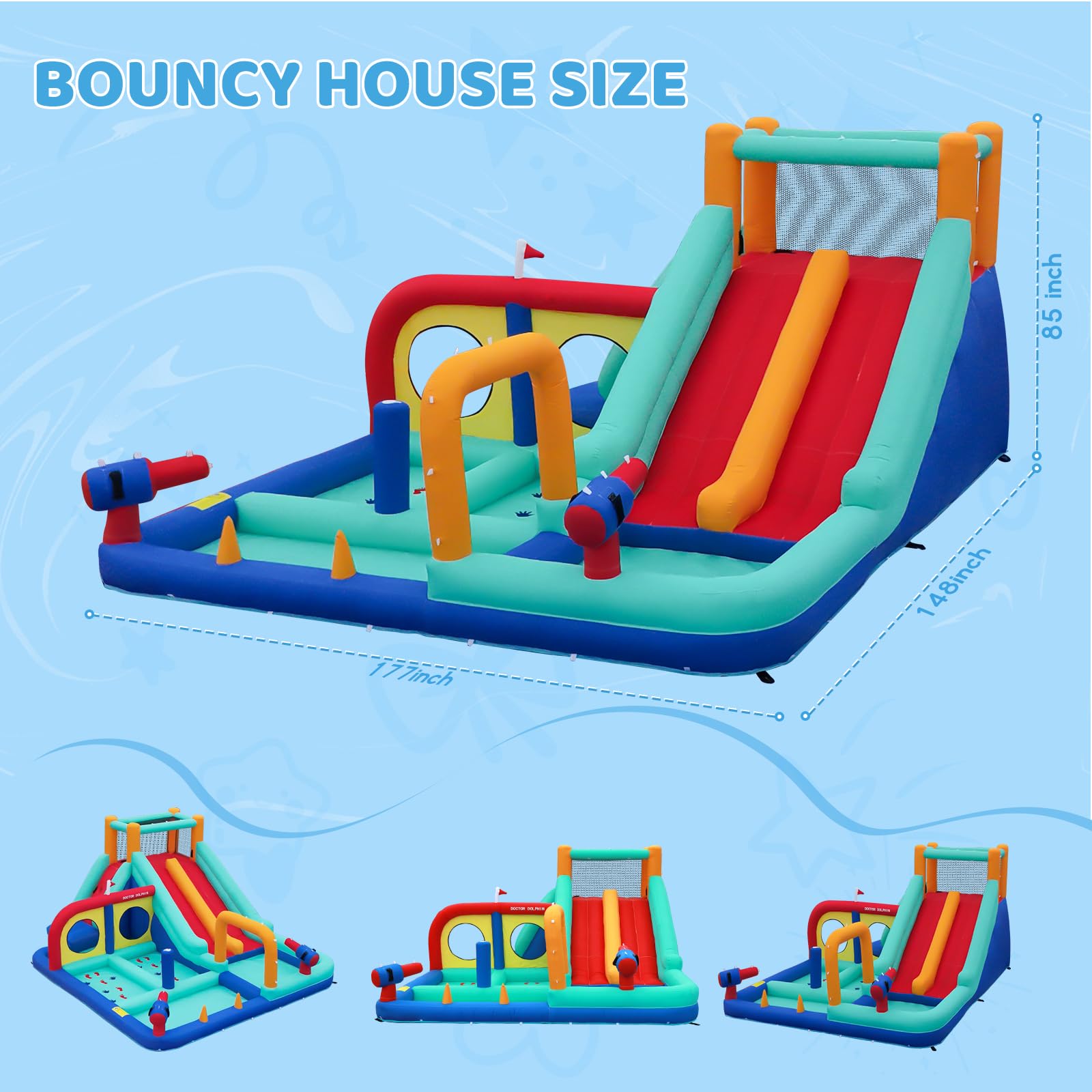 **Double Lane Inflatable Water Slide with 4 Splash Pools, Climbing Wall & Water Cannons - Kids Outdoor Water Park Bounce House with 450W Blower - Perfect for Backyard Parties, Summer Fun & Family Gatherings (Blue)**