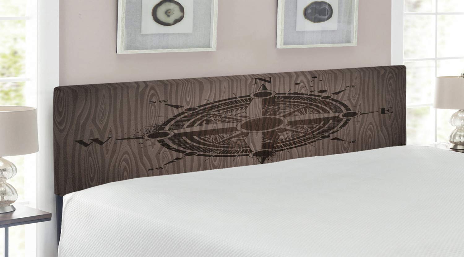 Ambesonne King Size Upholstered Metal Bed Headboard with Memory Foam - Vintage Sailing Compass Design on Wooden Surface, Dark Brown | Perfect for Nautical Theme Bedrooms & Coastal Home Decor