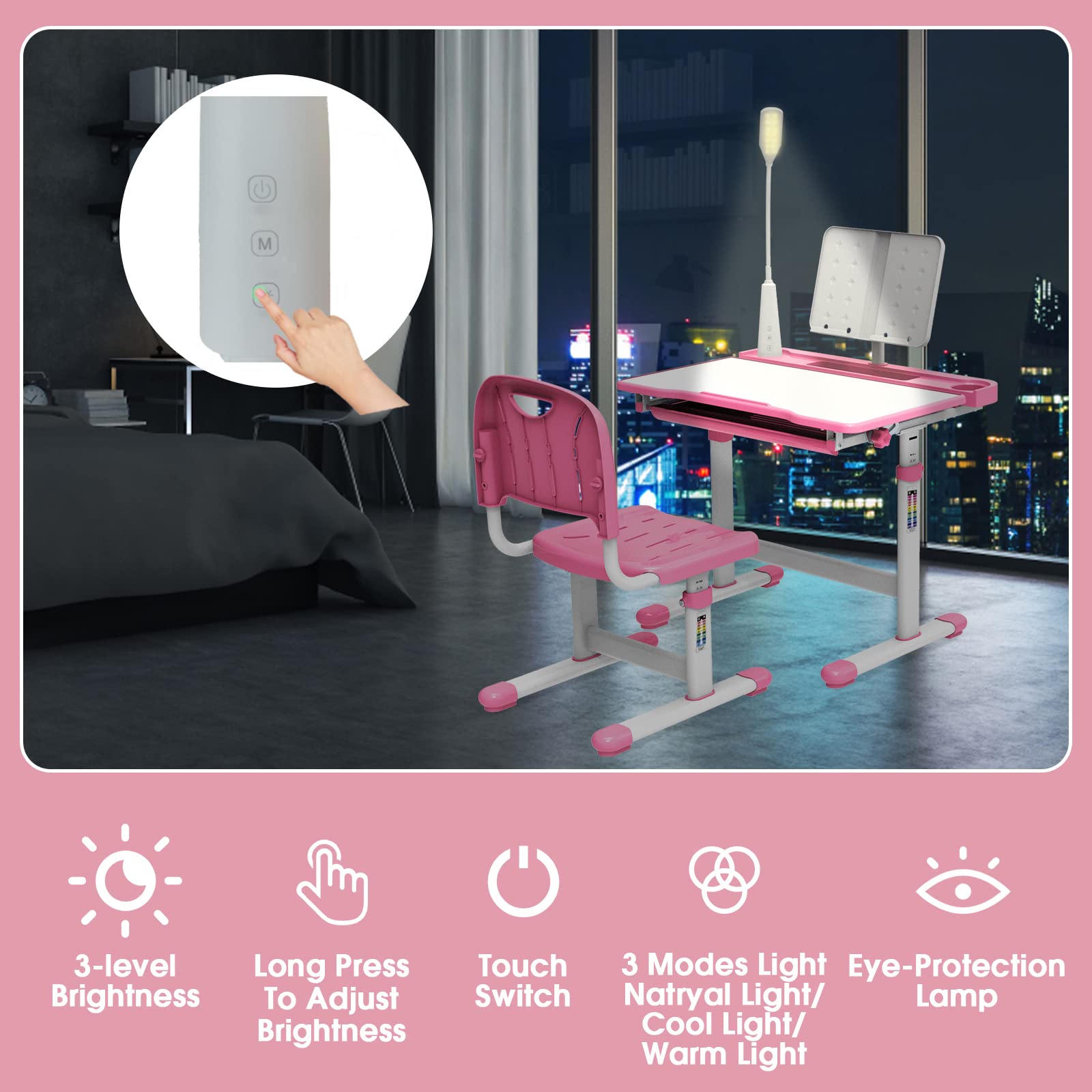 BELANITAS Kids Study Desk and Chair Set with 40° Adjustable Tilt Desktop, Storage Drawer & 3-Level LED Light - Ergonomic Children's Learning Table for Homework, Drawing & Reading - Perfect Back to School Gift (Pink)