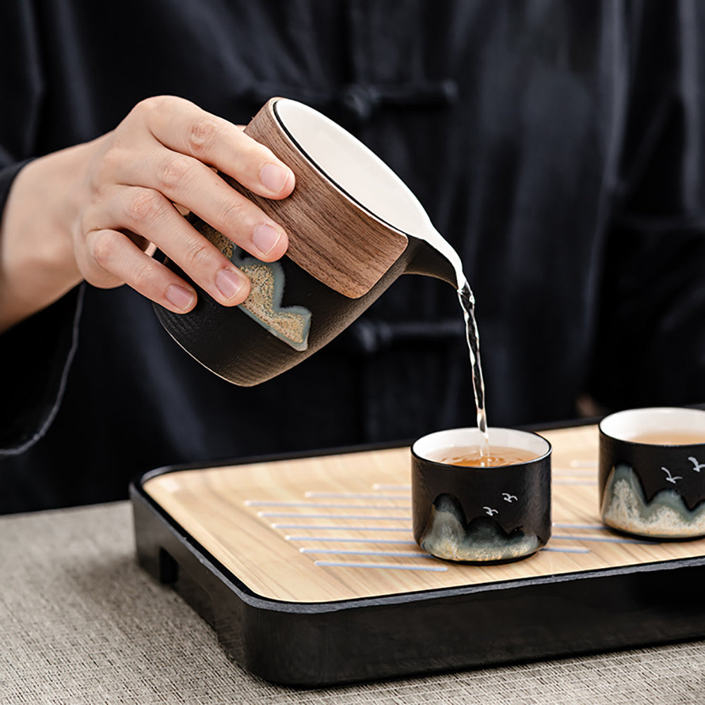 Premium Black Pottery Green Hill Travel Tea Set - Portable Ceramic Tea Cup with Lid & Saucer - Perfect for Camping, Hiking & Outdoor Adventures