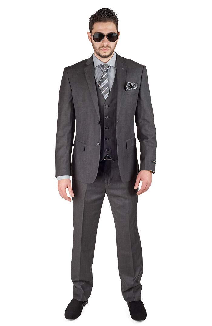 AZAR Slim Fit 3-Piece Vested Suit for Men - Dark Charcoal Grey Solid Color, 2-Button Notch Lapel | Perfect for Business Meetings, Weddings & Formal Events