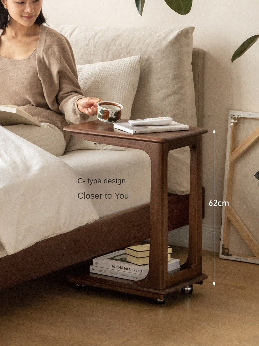 Premium Black Walnut Solid Wood Mobile Side Table - Rolling End Table with Wheels for Living Room, Bedroom, or Office - Natural Wood Nightstand with Storage Shelf
