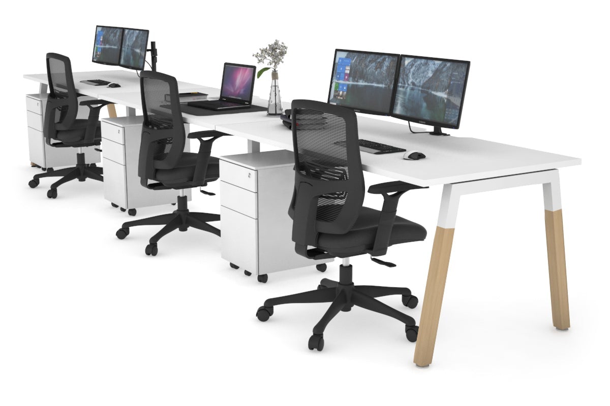 Quadro A Legs 3-Person Office Workstation with Wood Legs & Cross Beam - 1200L x 800W with Cable Management | Perfect for Collaborative Workspaces & Modern Office Desks