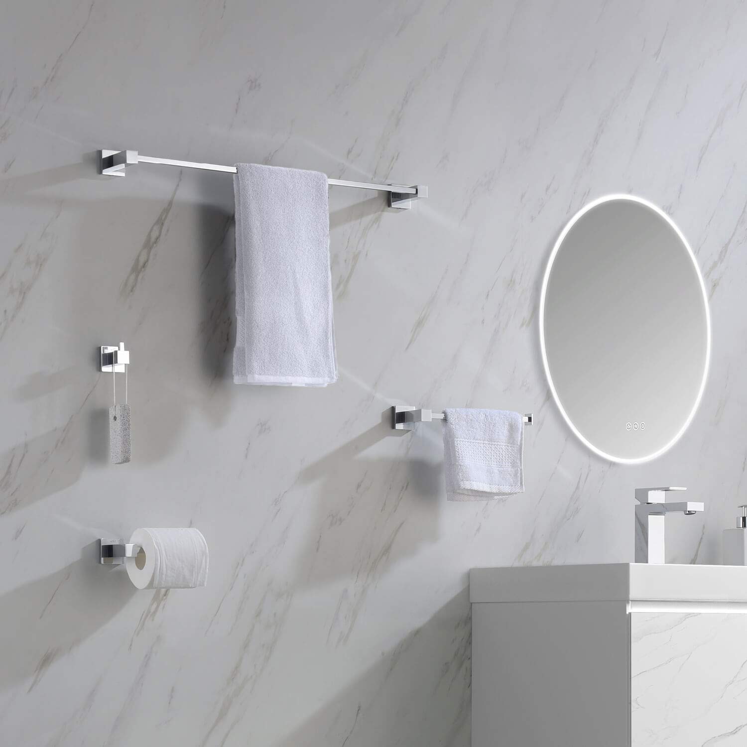 KIBI Cube 4-Piece Bathroom Hardware Set - Solid Brass Towel Bar, Towel Ring, Toilet Paper Holder & Robe Hooks - Chrome Finish (C-KBA15-4) | Modern Bathroom Accessories for Home & Hotel Decor